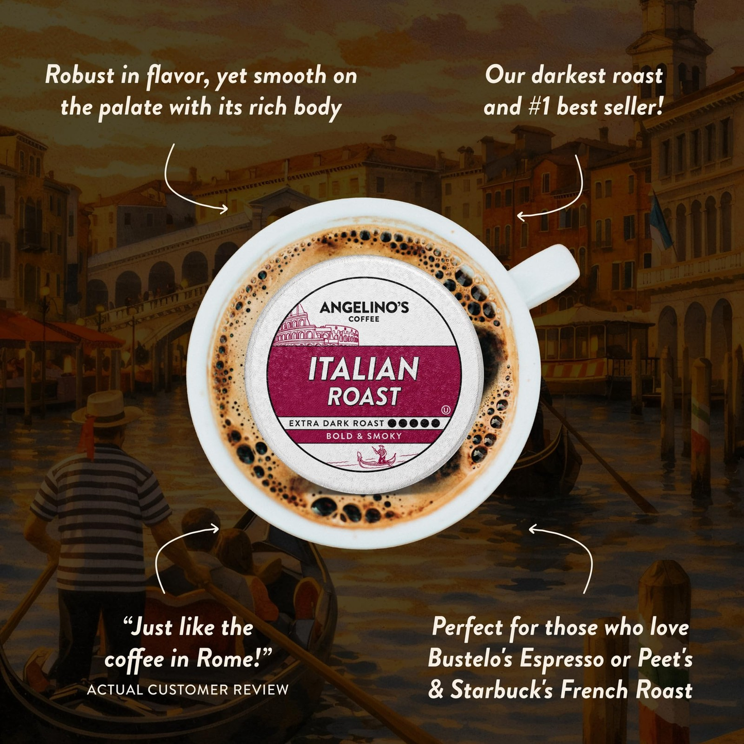 Angelino's Italian Roast Coffee Pods Extra Dark Roast Keurig Compatible 24 Count-Free Shipping