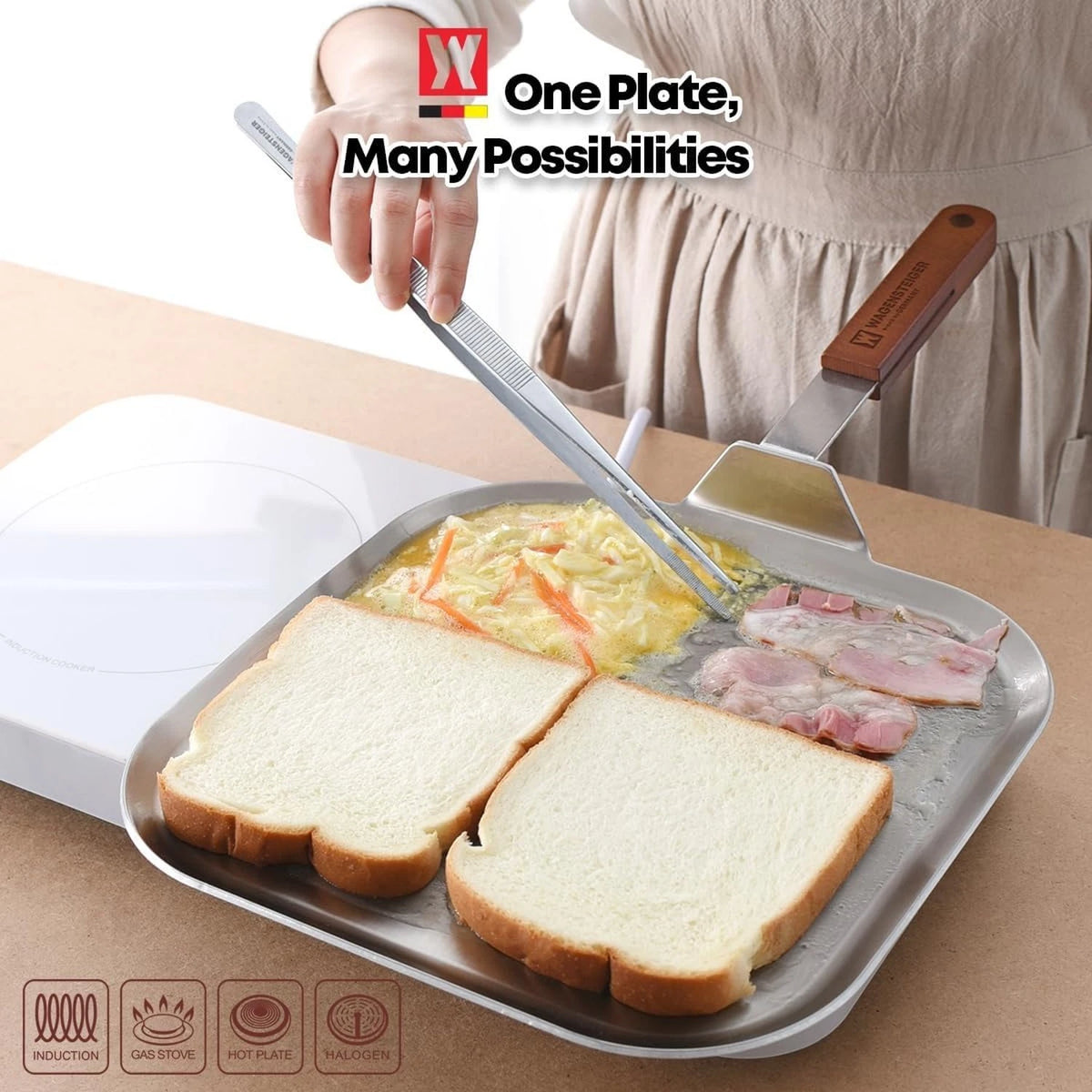 Stainless Steel Square Griddle Pan/Plate with Wooden Handle, 3-Ply Constructi...
