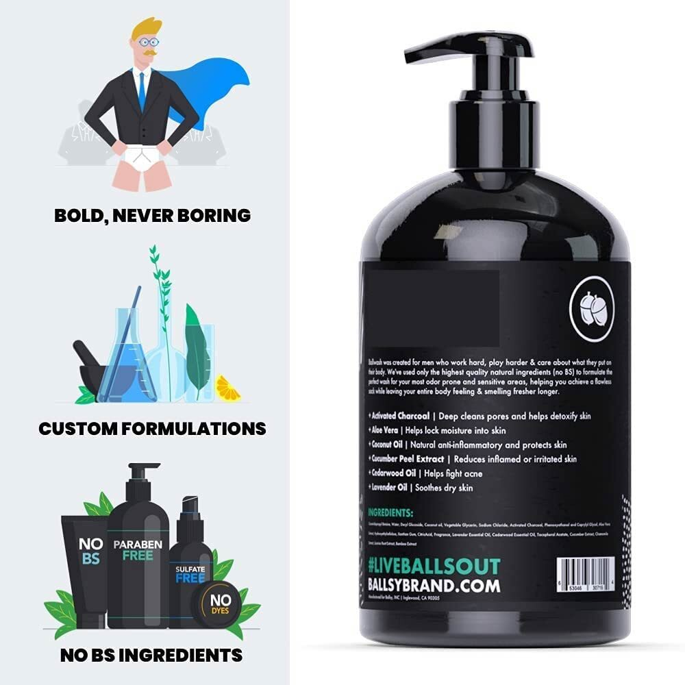 Ballsy Ballwash For Men 16Oz Activated Charcoal Deep Cleansing Body Wash