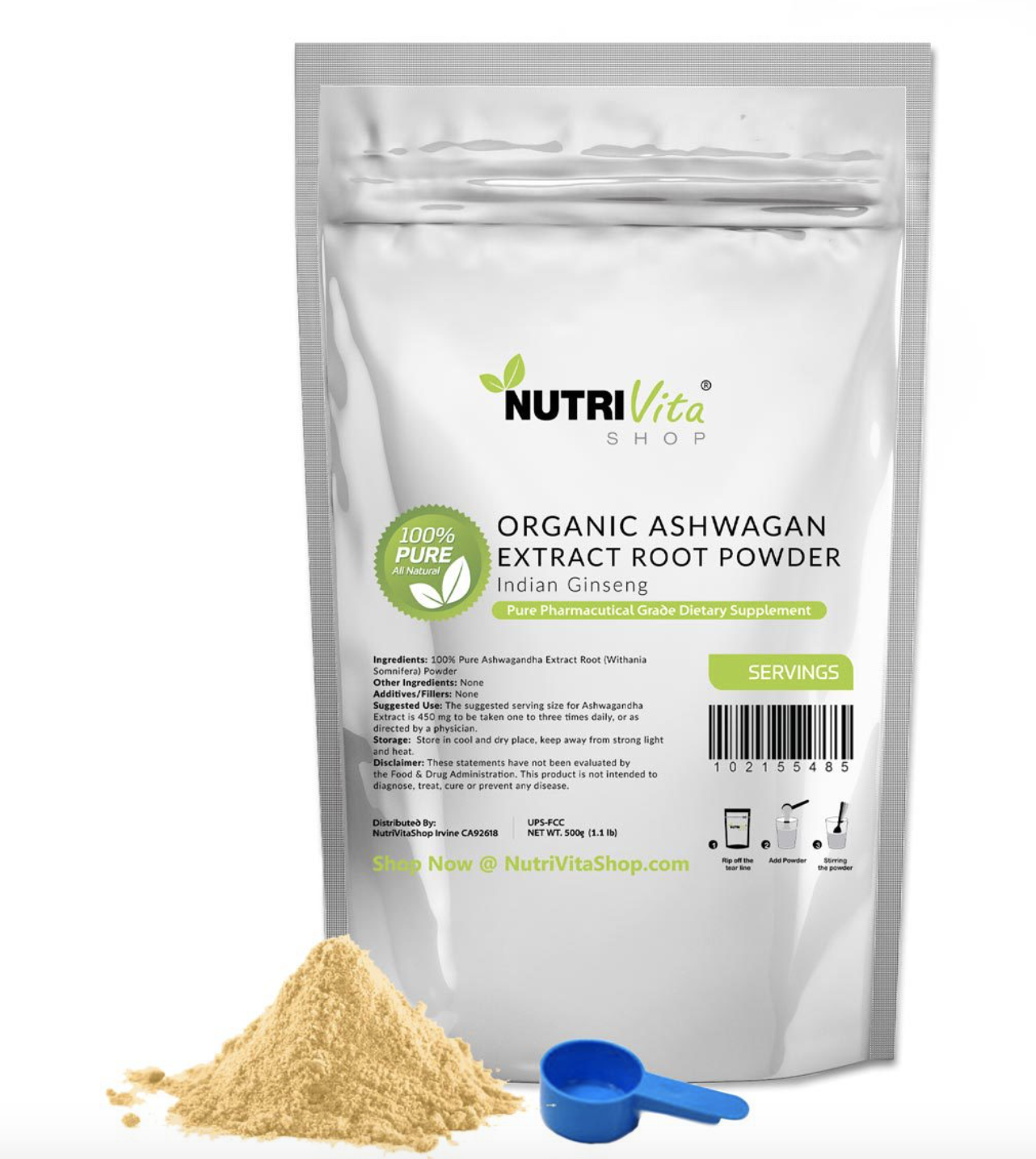 100% Pure Organic Ashwagandha Root Powder Withania Indian Ginseng USA NVS nonGMO 200 to 5000 serving