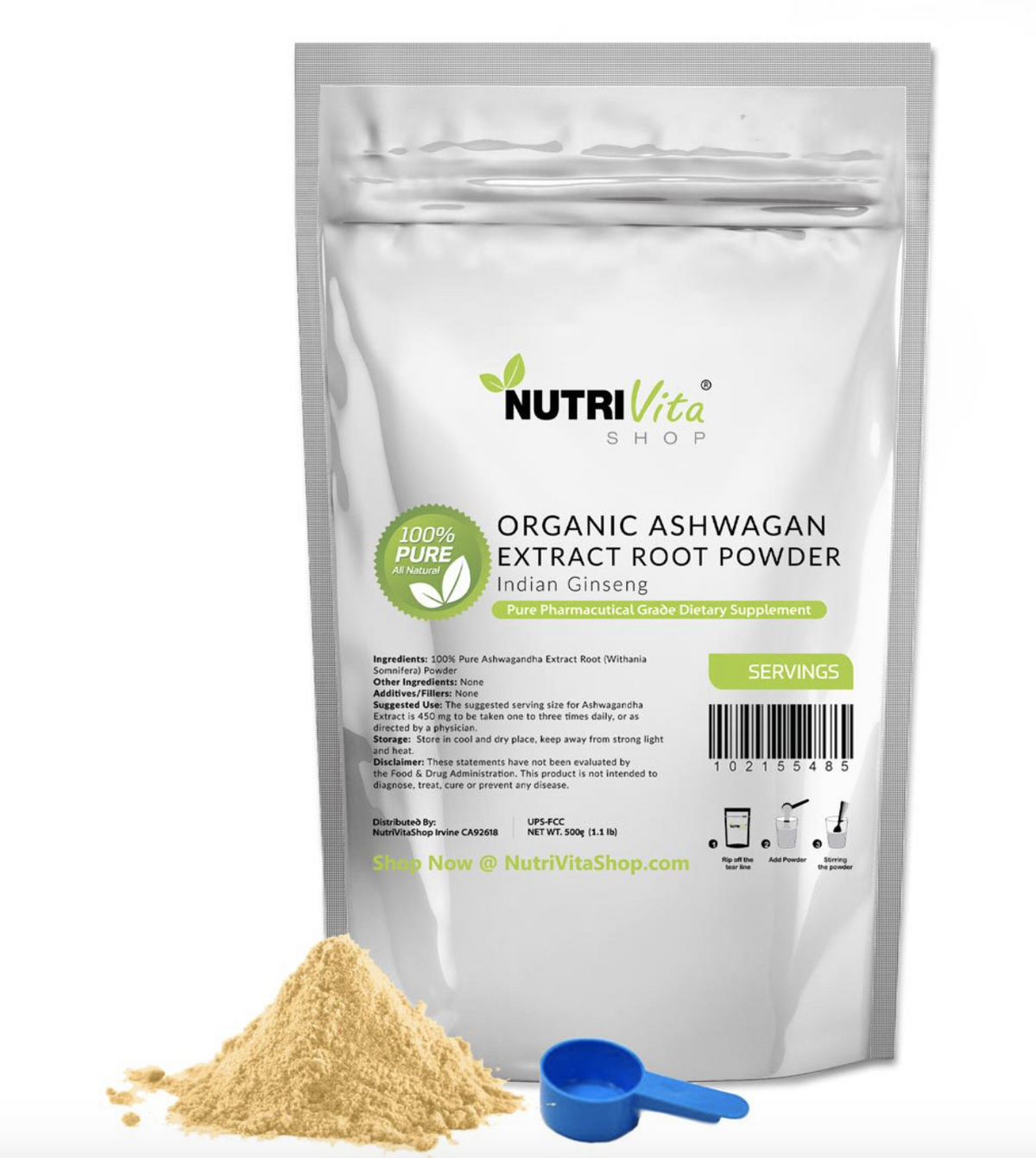 100% Pure Organic Ashwagandha Root Powder Withania Indian Ginseng USA NVS nonGMO 200 to 5000 serving