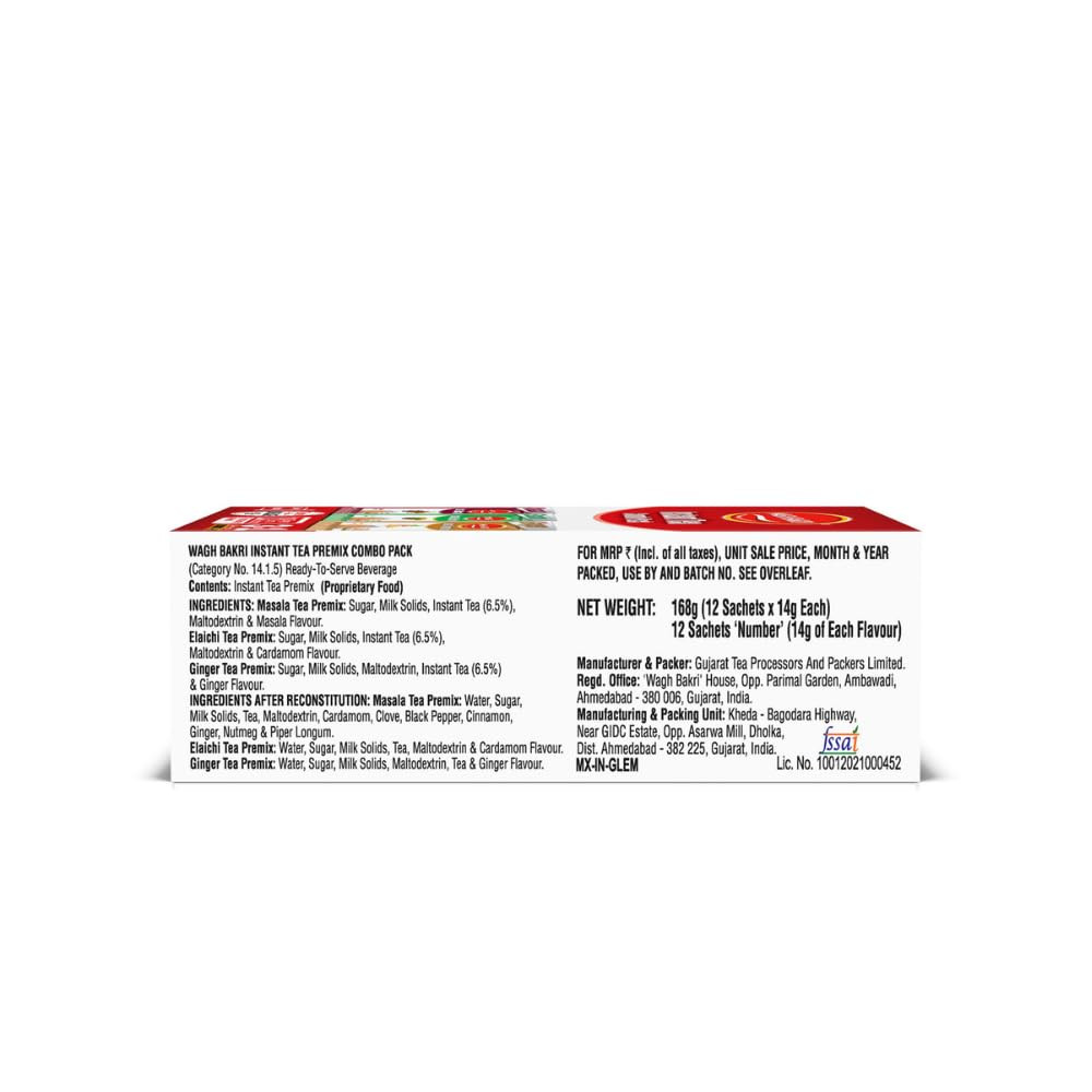 Wagh Bakri Instant Tea Premix Combo 12 Sachets | Cardamom, Ginger & Masala Chai Mix