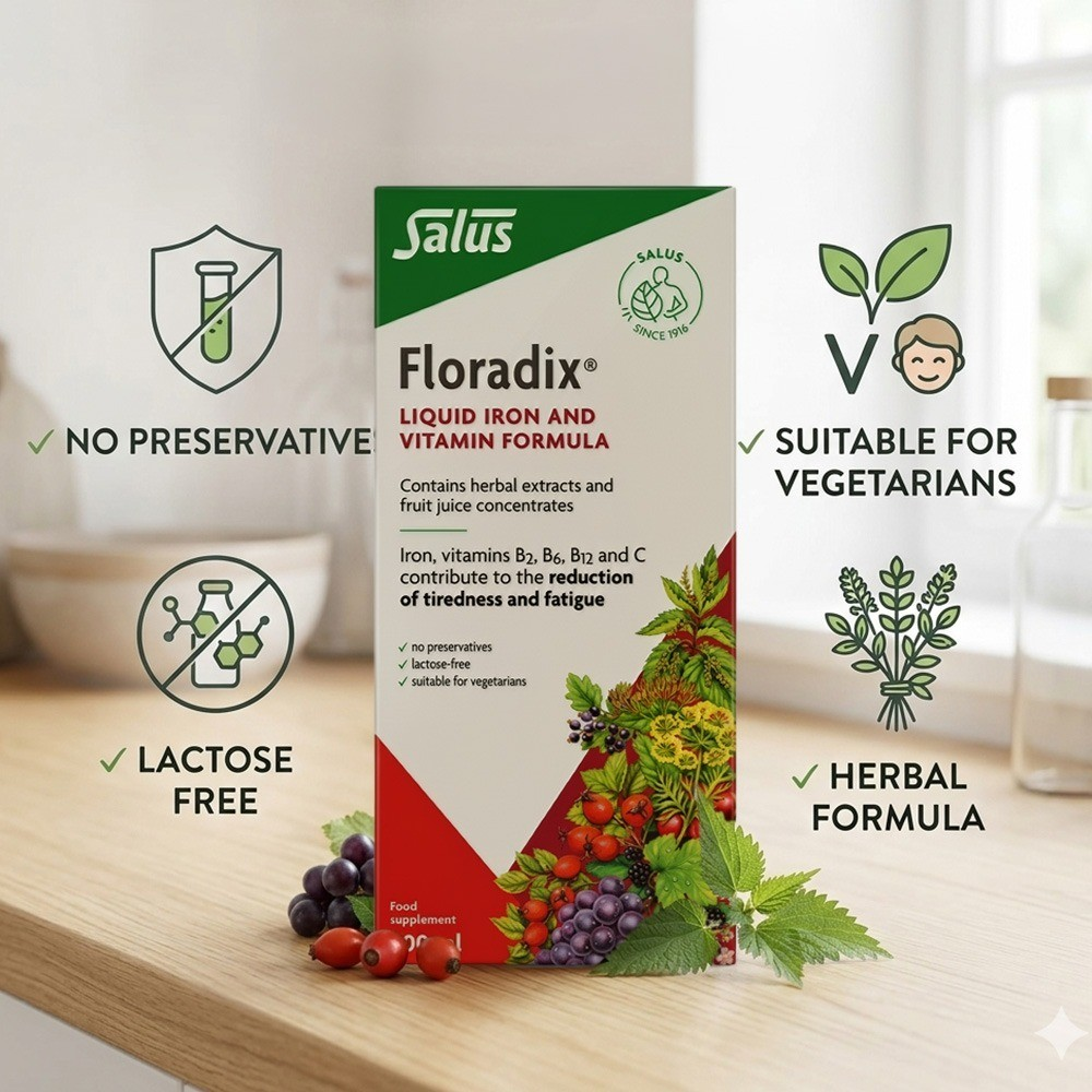 Floradix Liquid Iron & Vitamin Formula 500ml from UK – High Absorption Energy Supplement – Free Shipping