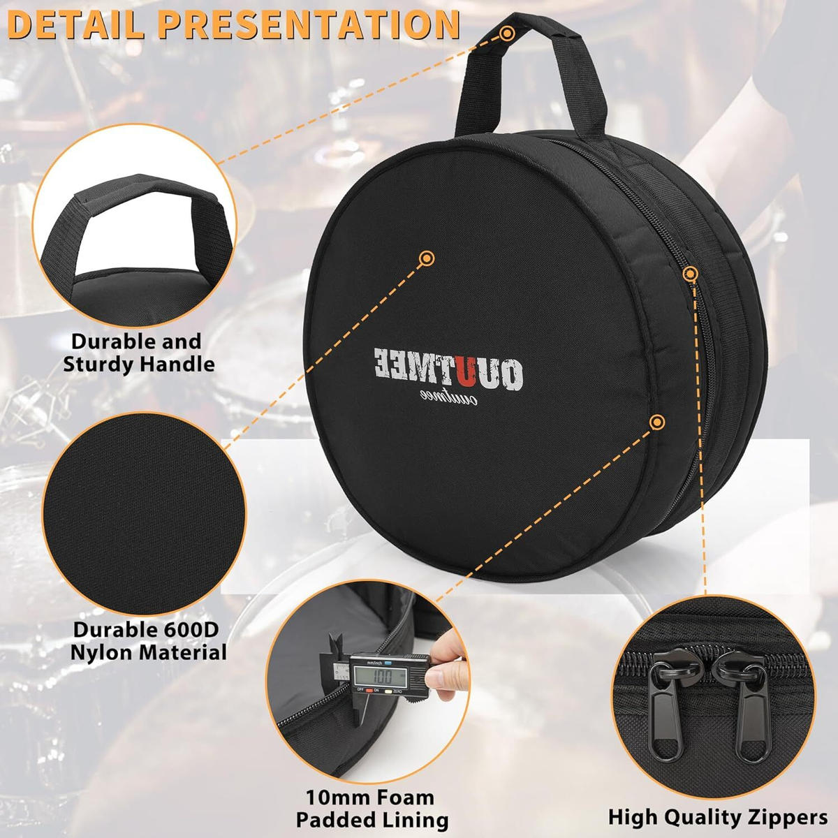 14 Inch Snare Drum Bag Padded Case For 14X5.5 And 14X6.5 Snare Drums Black