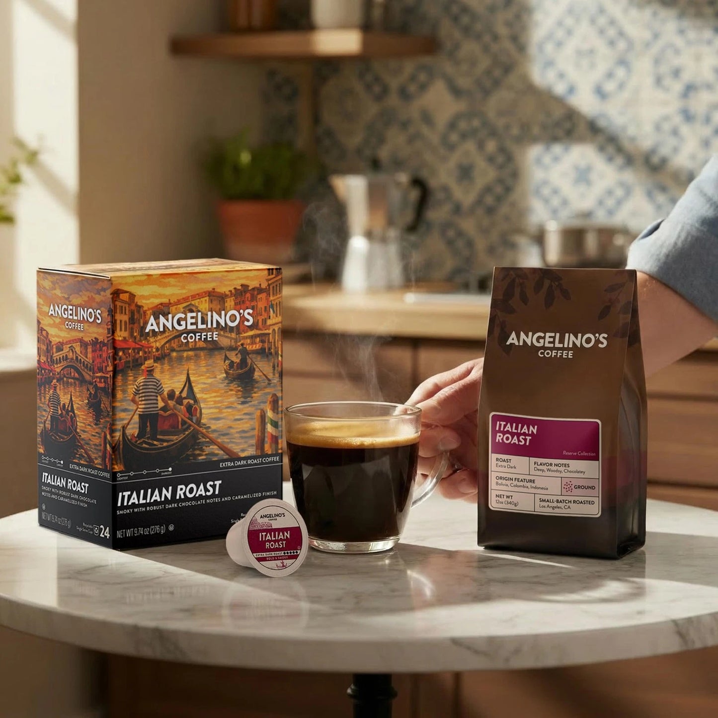 Angelino's Italian Roast Coffee Pods Extra Dark Roast Keurig Compatible 24 Count-Free Shipping