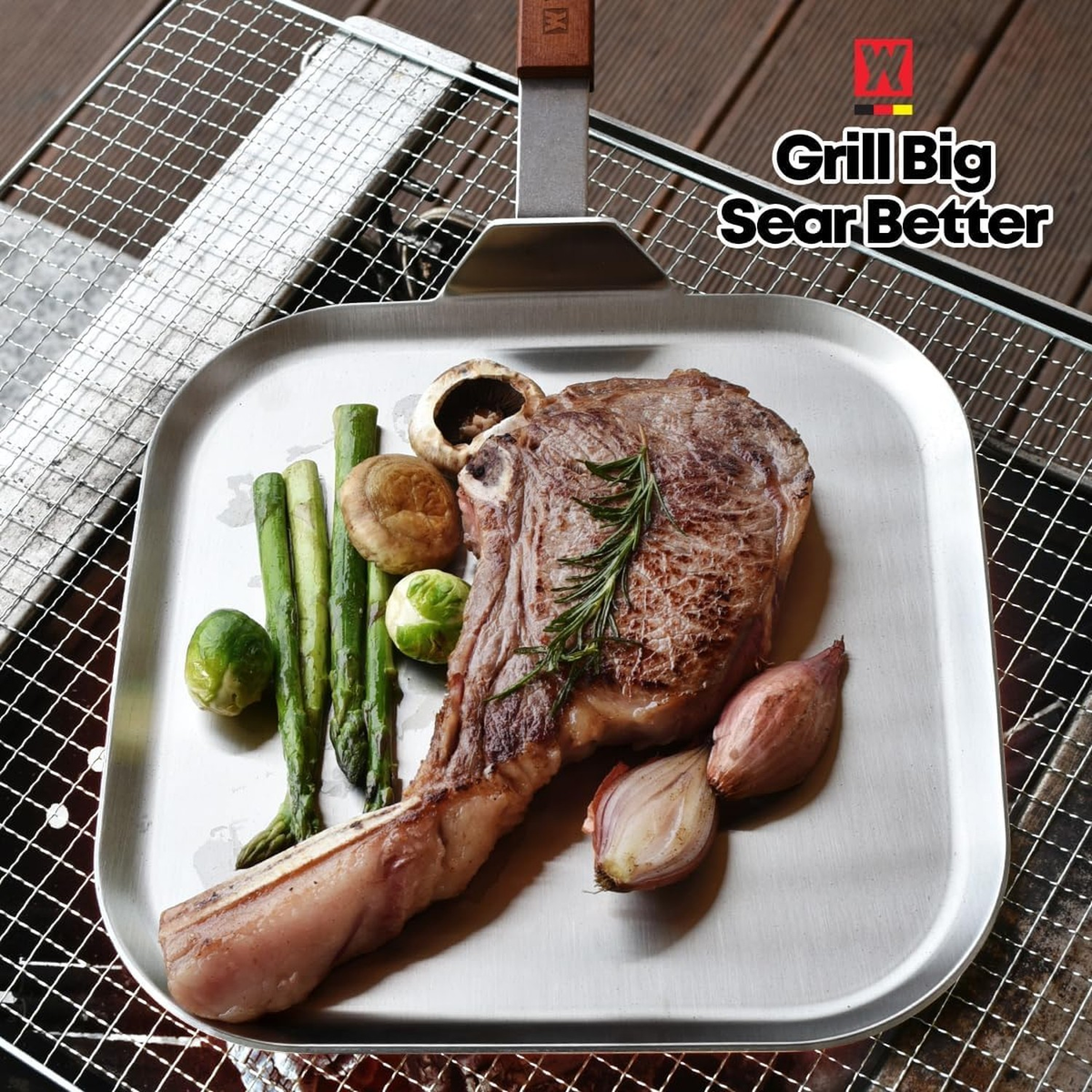 Stainless Steel Square Griddle Pan/Plate with Wooden Handle, 3-Ply Constructi...