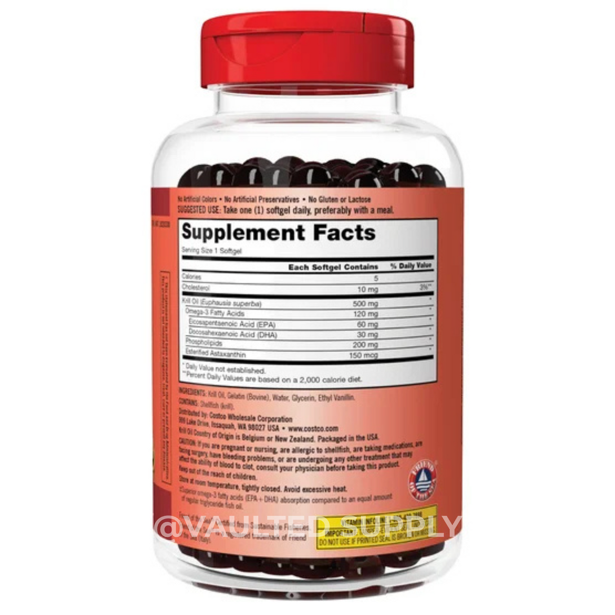 Kirkland Signature Krill Oil 500mg 180 Softgels Omega-3 with Astaxanthin