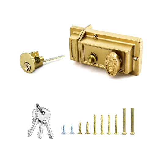 Antique Gold Brass Rim Night Latch Deadbolt Lock Single Cylinder 2 Keys