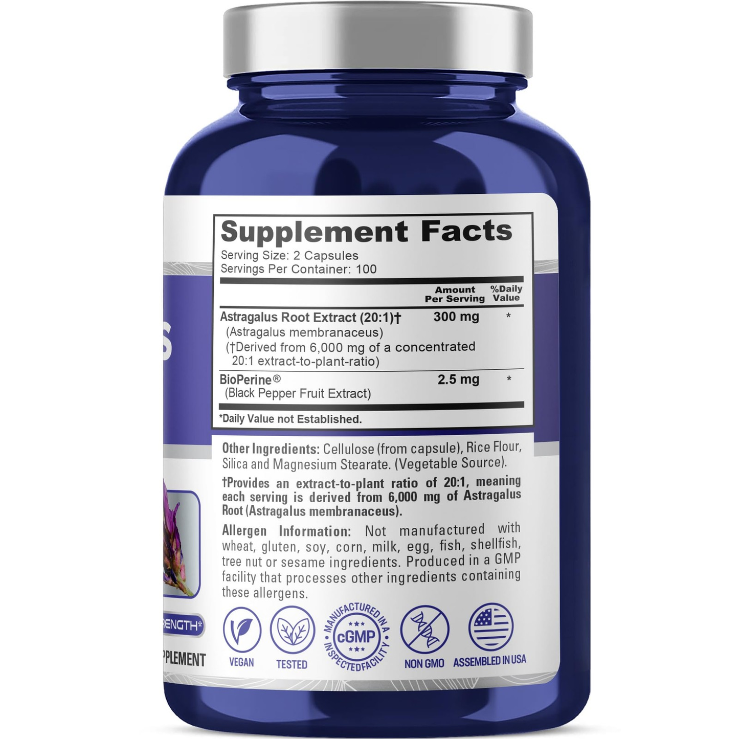 NusaPure Astragalus 300mg 20:1 Extract 200 Veggie Capsules Non-GMO Herbal Supplement
