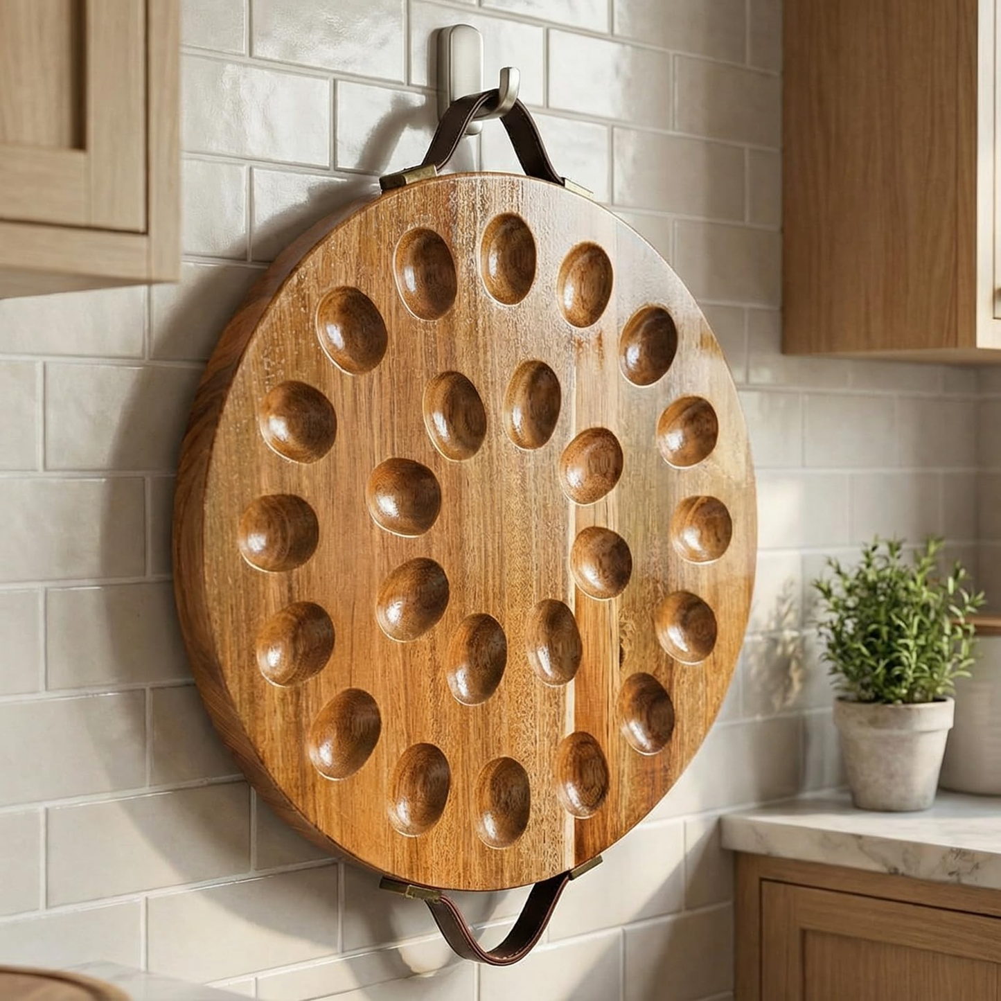 Acacia Wood Deviled Egg Platter with Handles for Easter, 24 Holes round Deviled