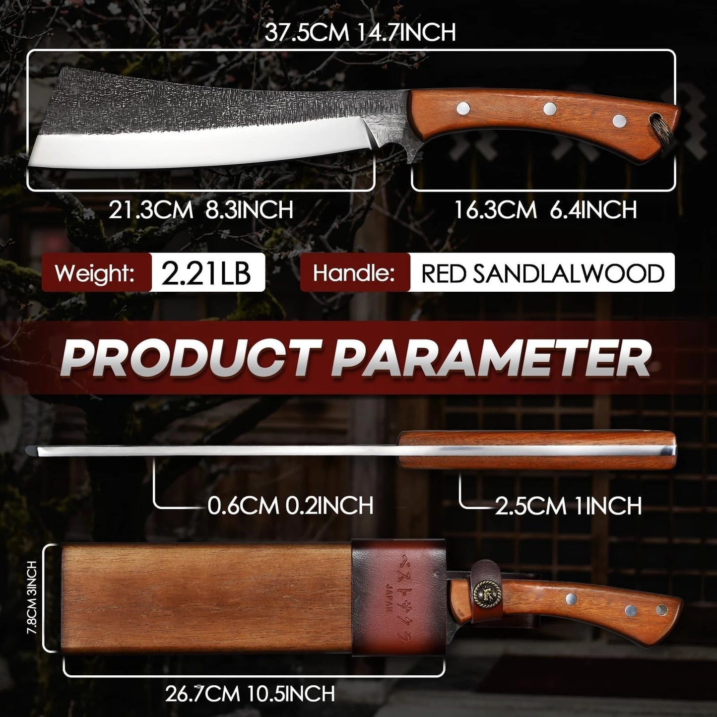 Freelander Japanese Style High Carbon Steel Machete with Red Sandalwood Ergon...