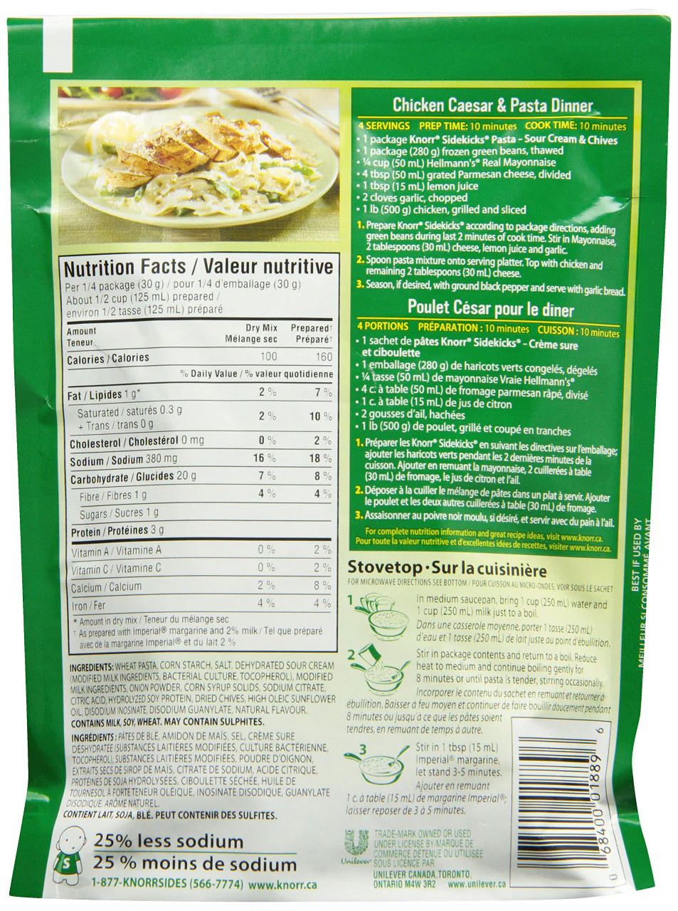 Knorr Sidekicks Sour Cream & Chives Pasta Side Dish 120g (Pack of 8)