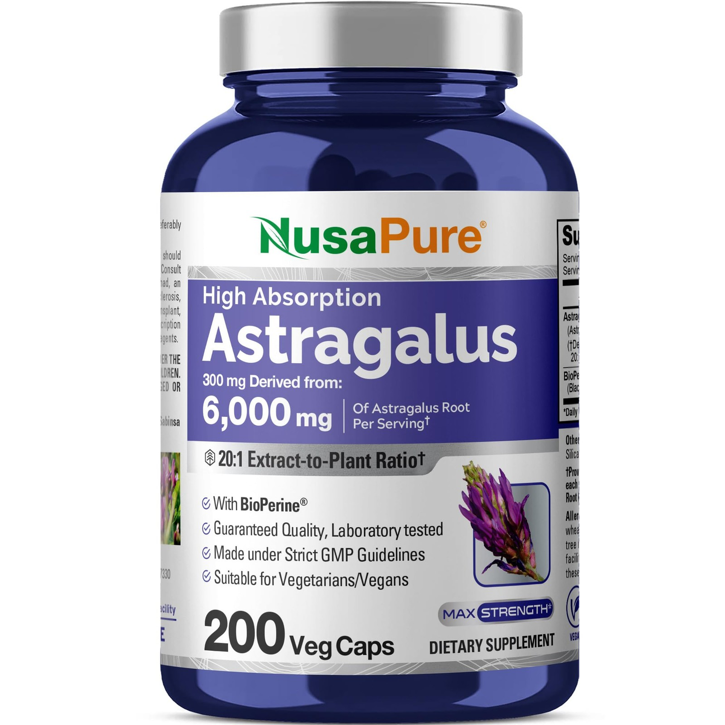 NusaPure Astragalus 300mg 20:1 Extract 200 Veggie Capsules Non-GMO Herbal Supplement