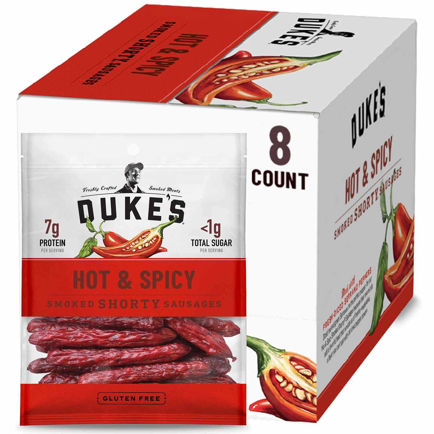 Duke's Pork Hot & Spicy Smoked Shorty Sausages – 7g Protein Gluten-Free Meat Snack