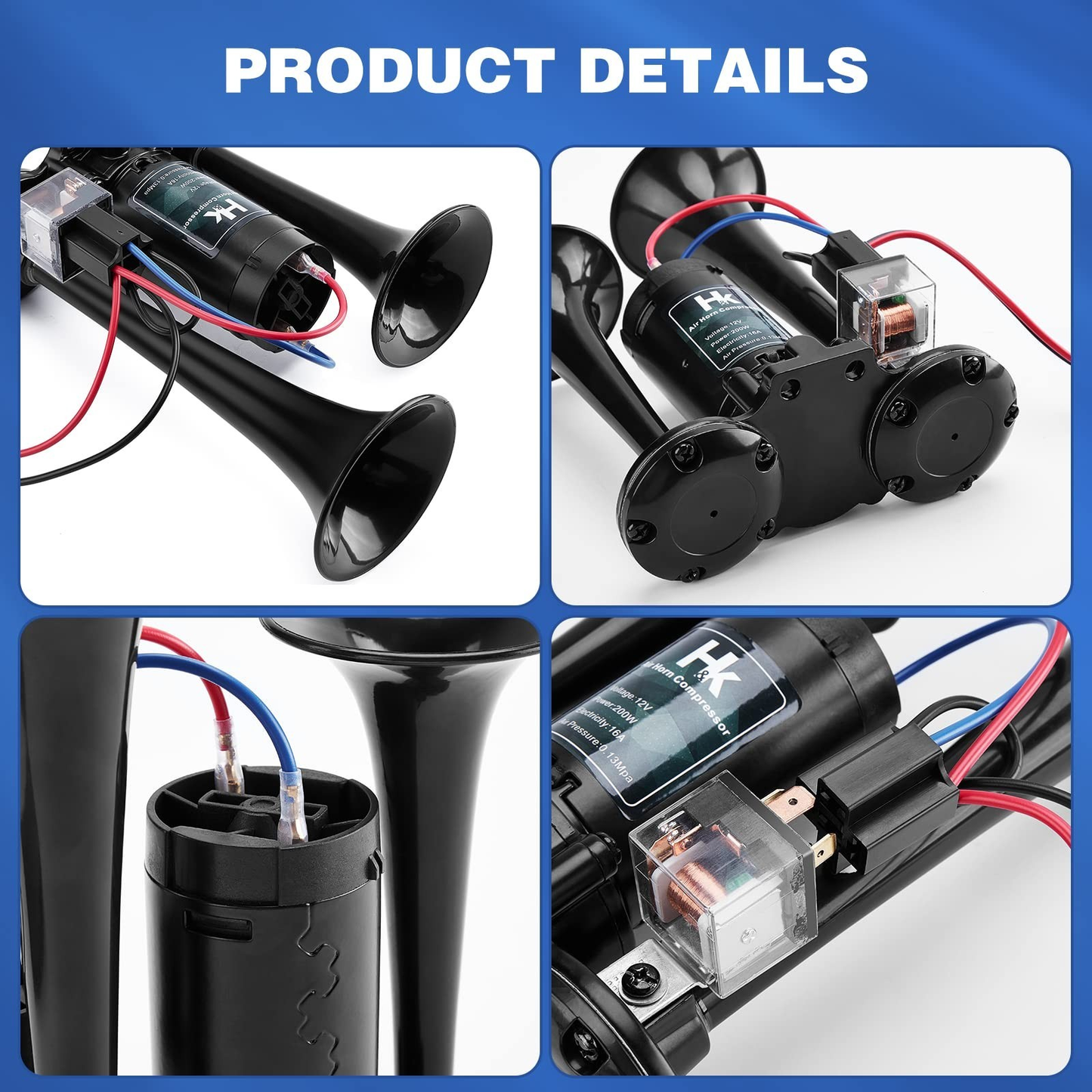 HK 12V 150dB Dual Trumpet Air Horn Kit with Compressor for Cars Trucks Boatsth Co...