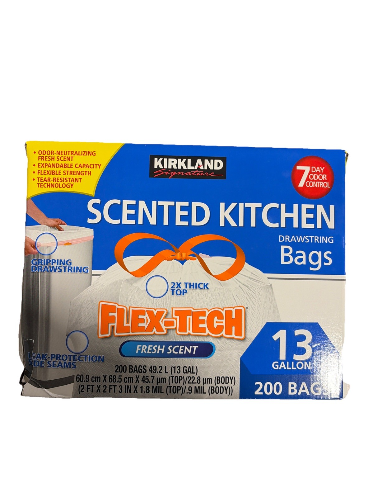 Kirkland Signature Flex-Tech 13 Gallon Scented Kitchen Trash Bags 200 Count | USA Made