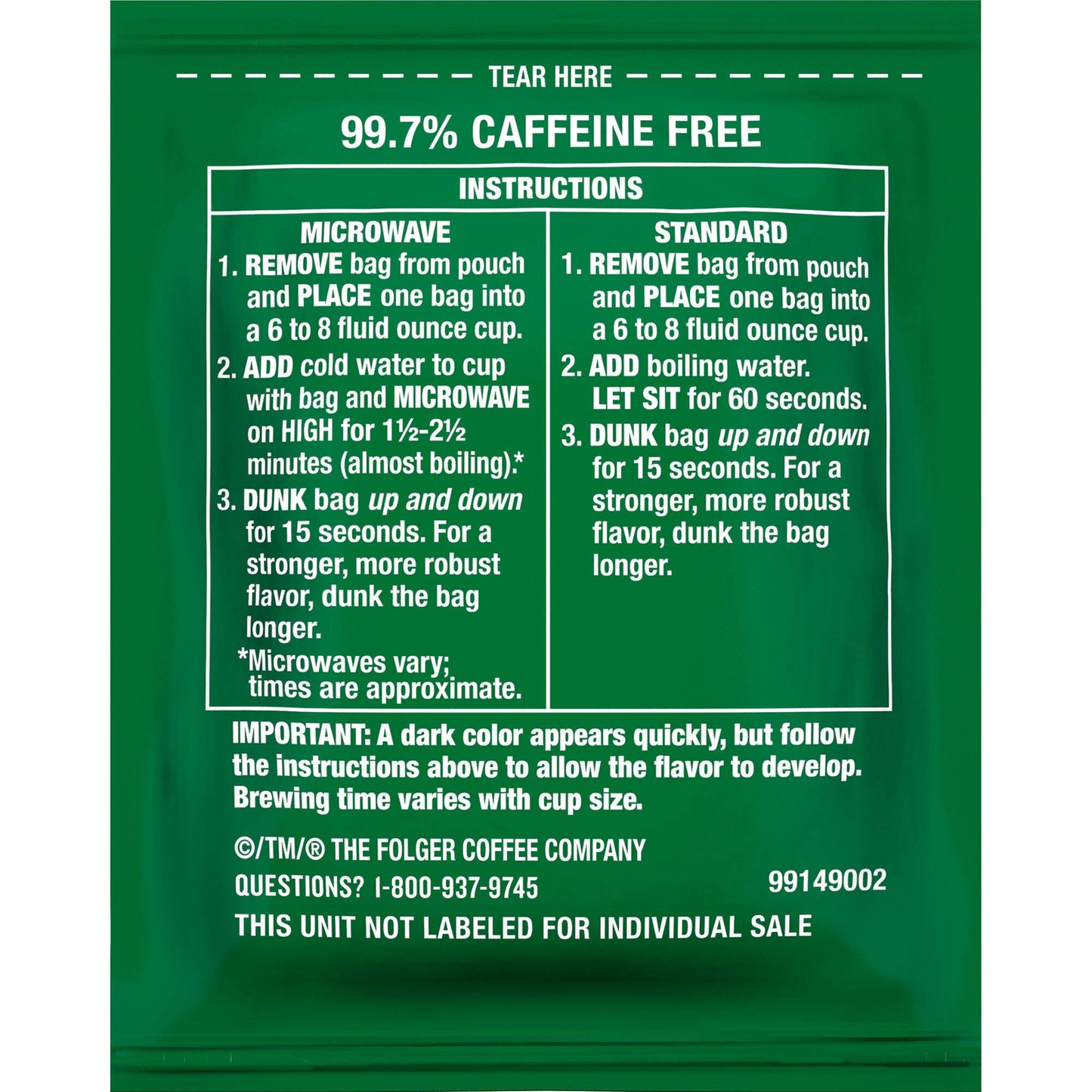 Folgers Classic Decaf Coffee Singles 19 Count Aromatic Flavor 99.7 Caffeine1 Free*Free shipping