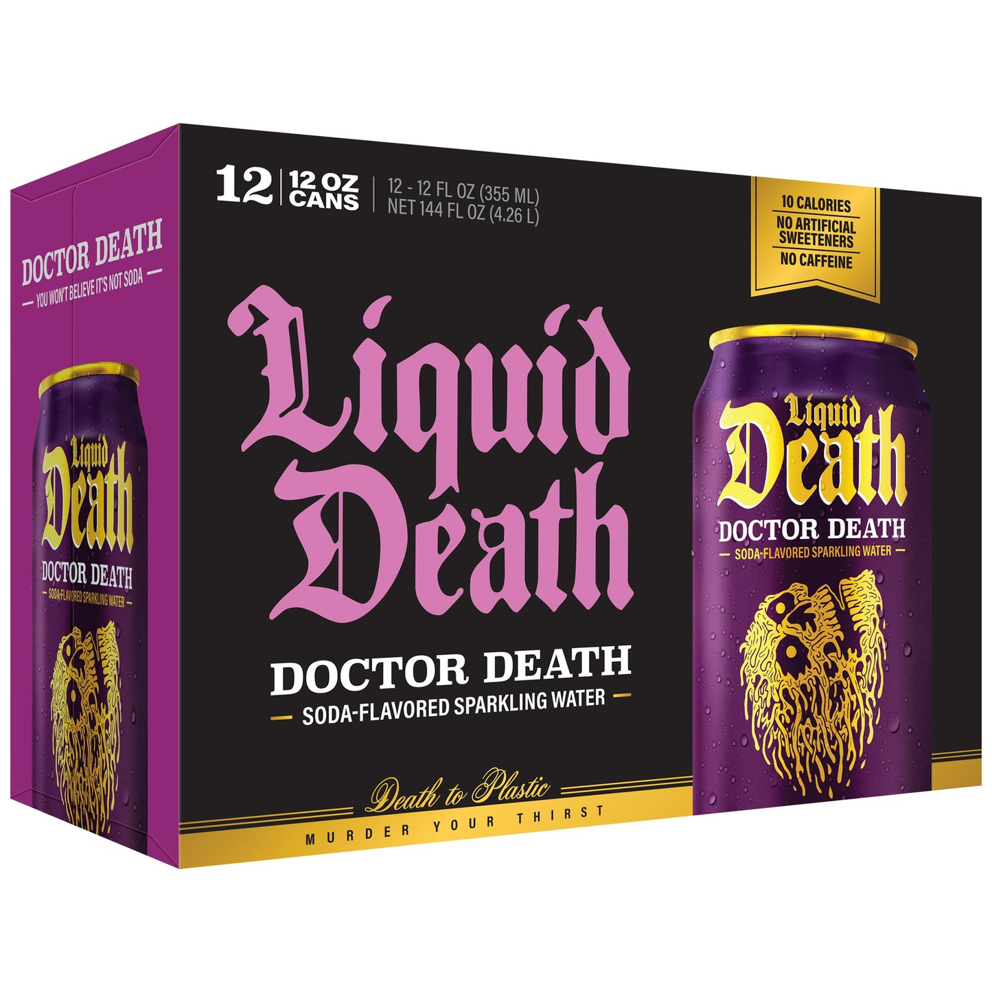 Liquid Death Doctor Death Soda-Flavored Sparkling Water. 12 pack