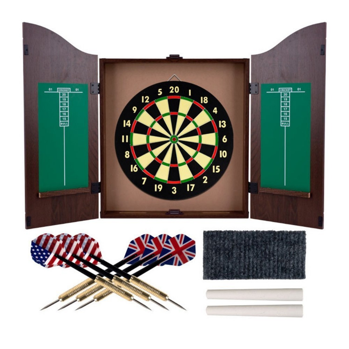 Dart Board Cabinet Set with 18-inch Dartboard, 6 Steel-Tip Darts, and Chalkbo...