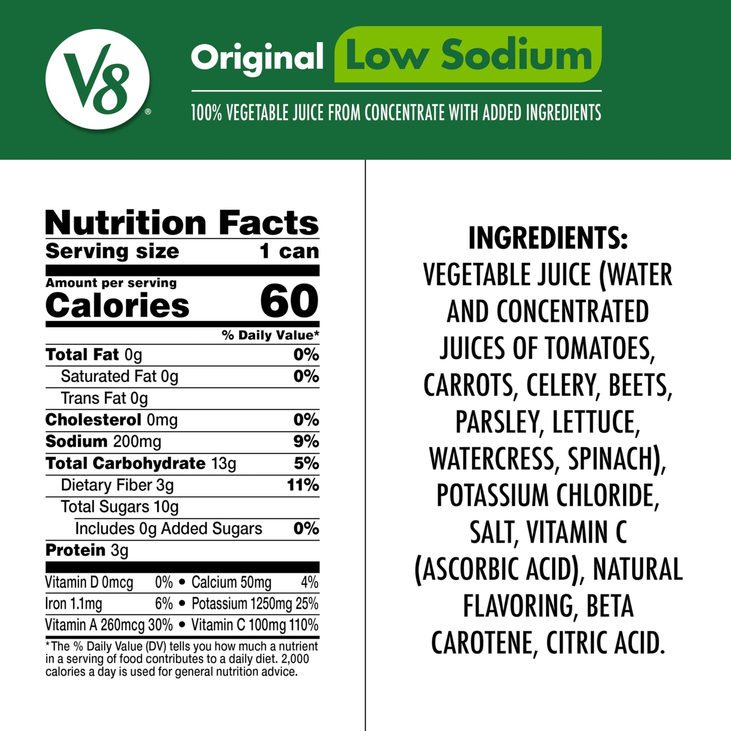 V8 Low Sodium Vegetable Juice 11.5 Fl Oz Pack of 24 Gluten Free Non GMO