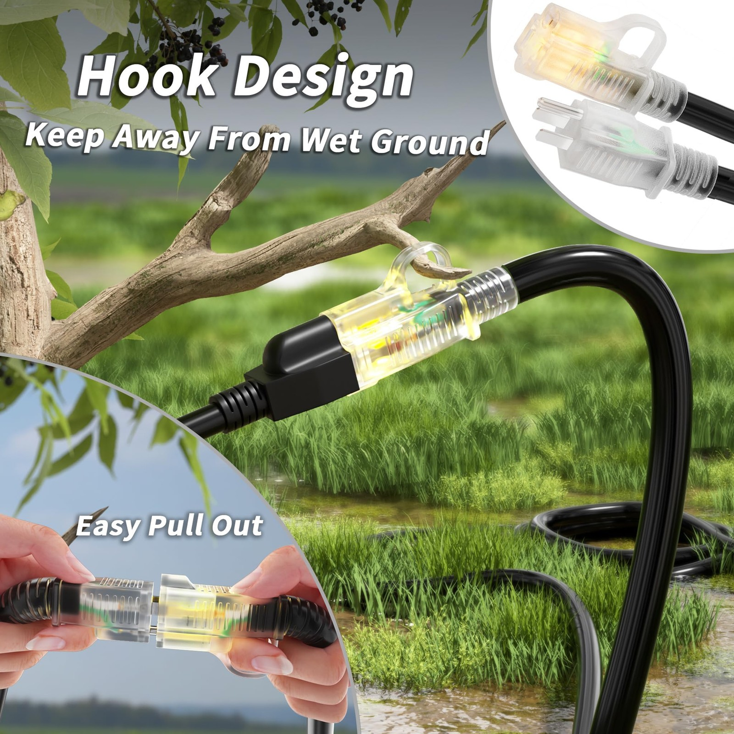 PlugSaf 14/3 Gauge Black Outdoor Extension Cord 300 ft Waterproof with Lighted