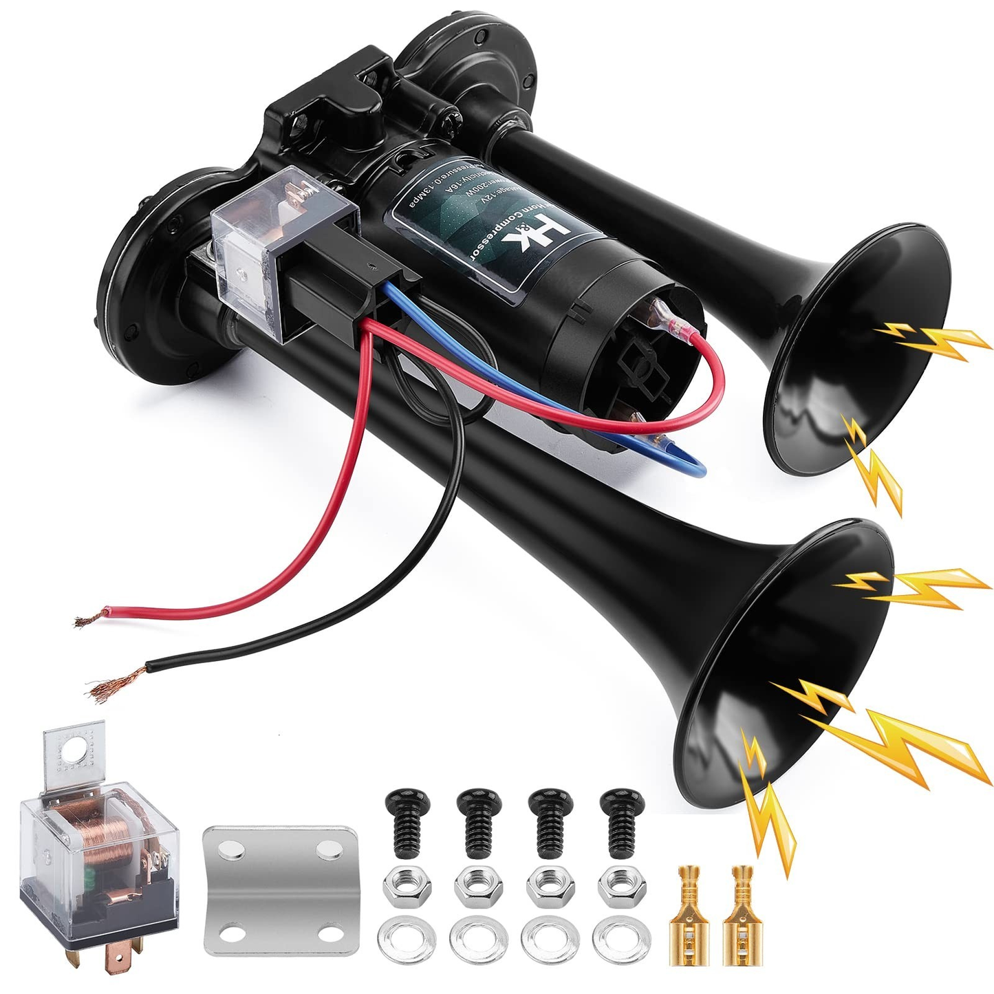 HK 12V 150dB Dual Trumpet Air Horn Kit with Compressor for Cars Trucks Boatsth Co...