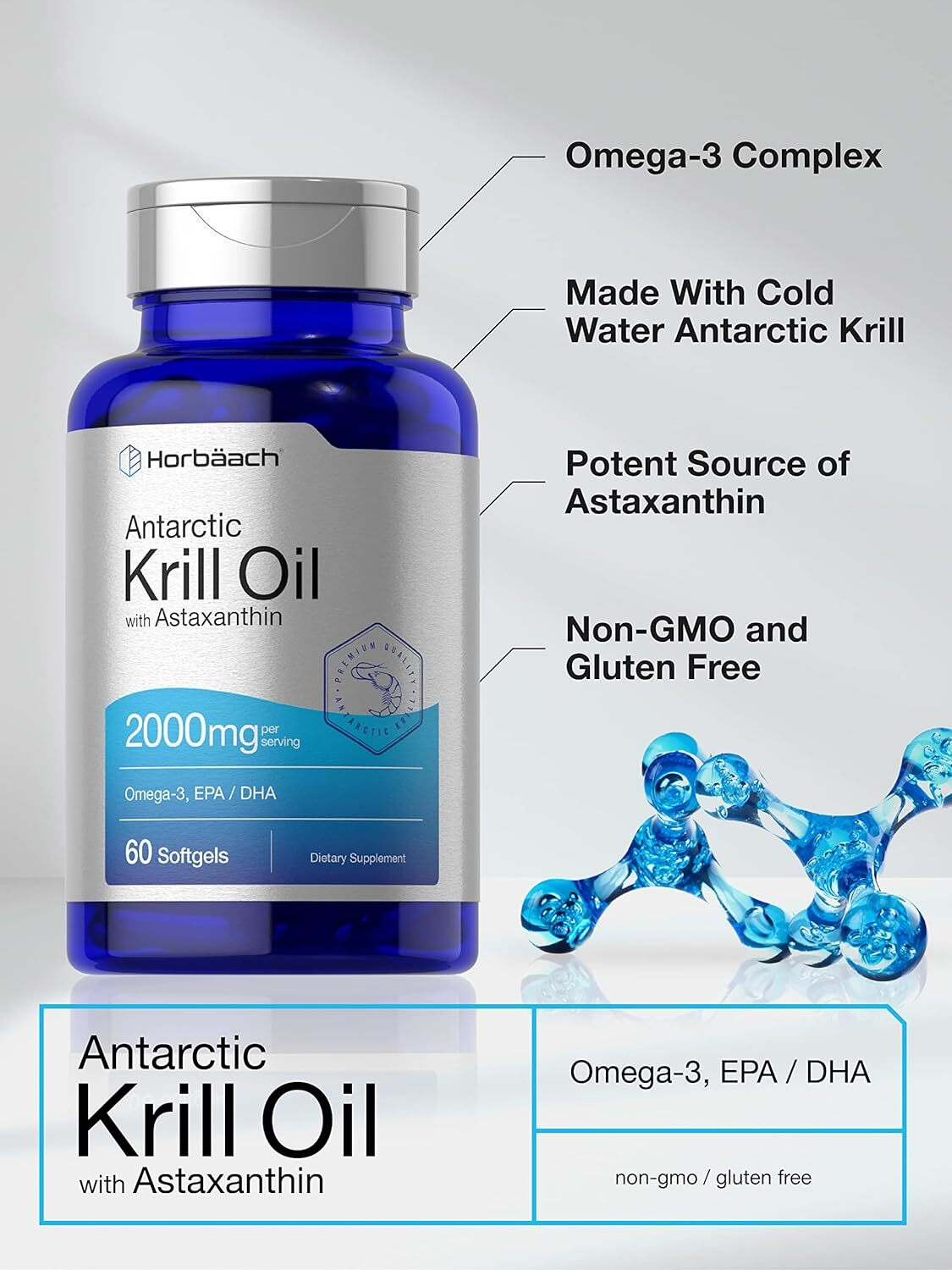 Horbaach Krill Oil 2000mg Omega-3 Softgels 60 Count Nutritional Supplement