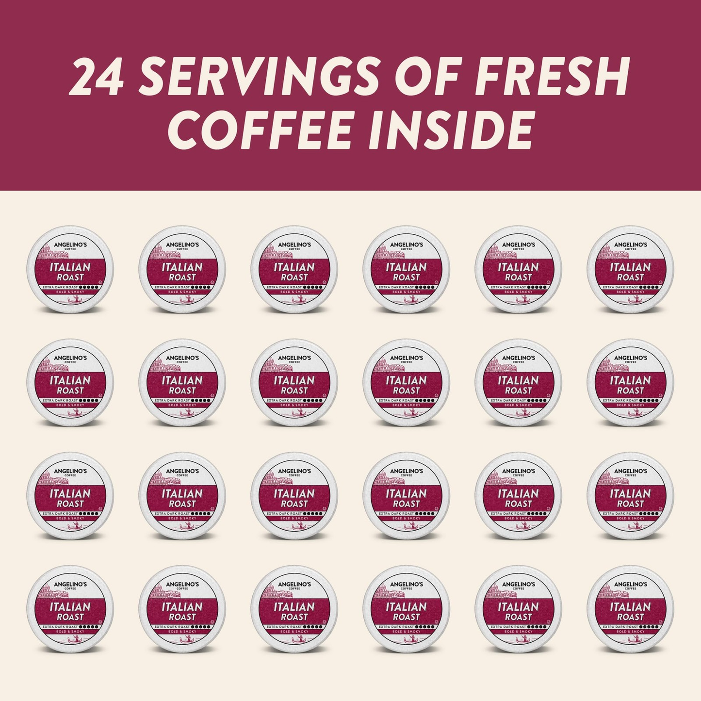 Angelino's Italian Roast Coffee Pods Extra Dark Roast Keurig Compatible 24 Count-Free Shipping