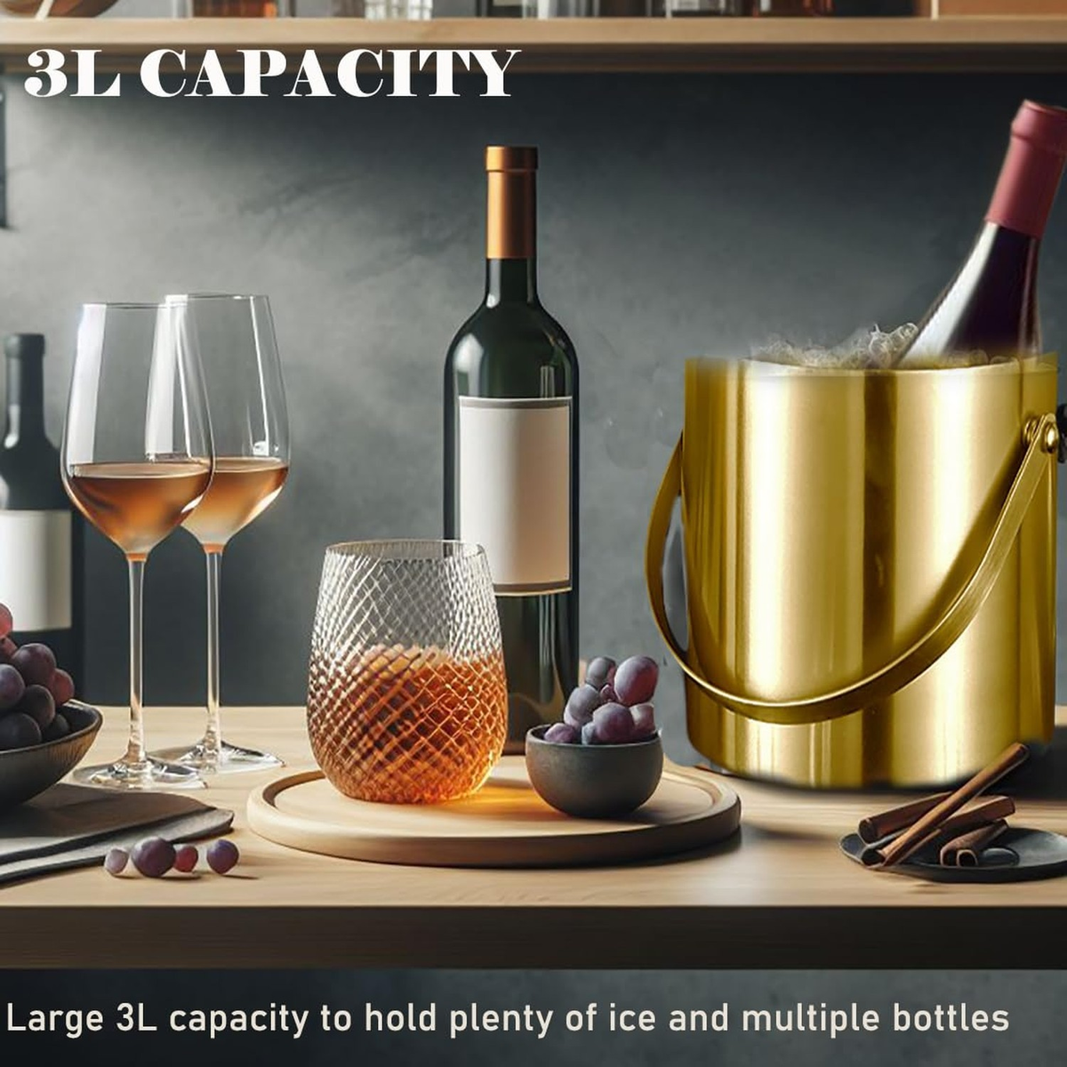 Gold Ice Bucket with Lid, Handle and Tong Insulated Stainless Steel Champagne...