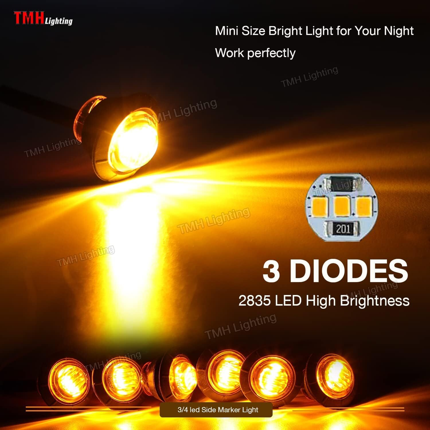 TMH 3/4-Inch Mount Amber LED Trailer Marker Lights, Pack of 50