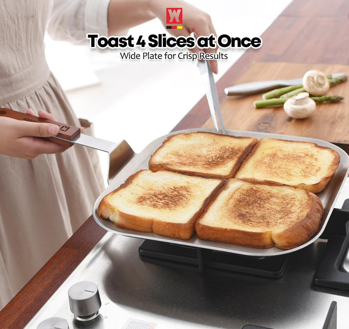 Stainless Steel Square Griddle Pan/Plate with Wooden Handle, 3-Ply Constructi...