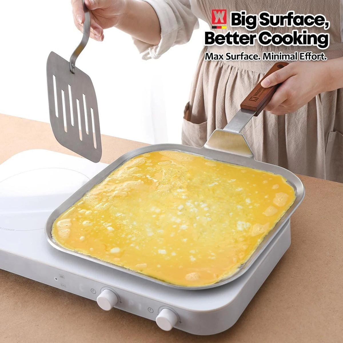 Stainless Steel Square Griddle Pan/Plate with Wooden Handle, 3-Ply Constructi...