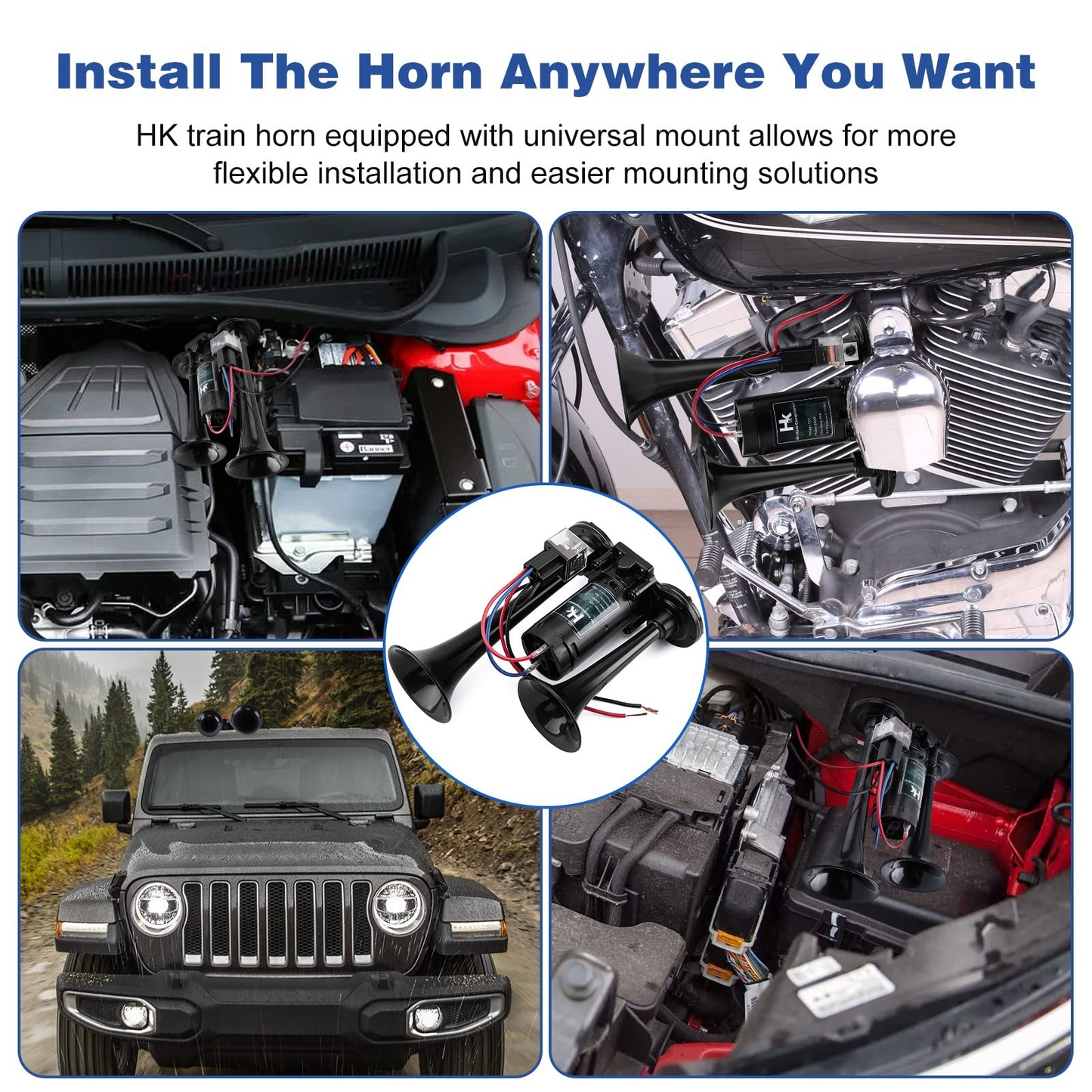 HK 12V 150dB Dual Trumpet Air Horn Kit with Compressor for Cars Trucks Boatsth Co...
