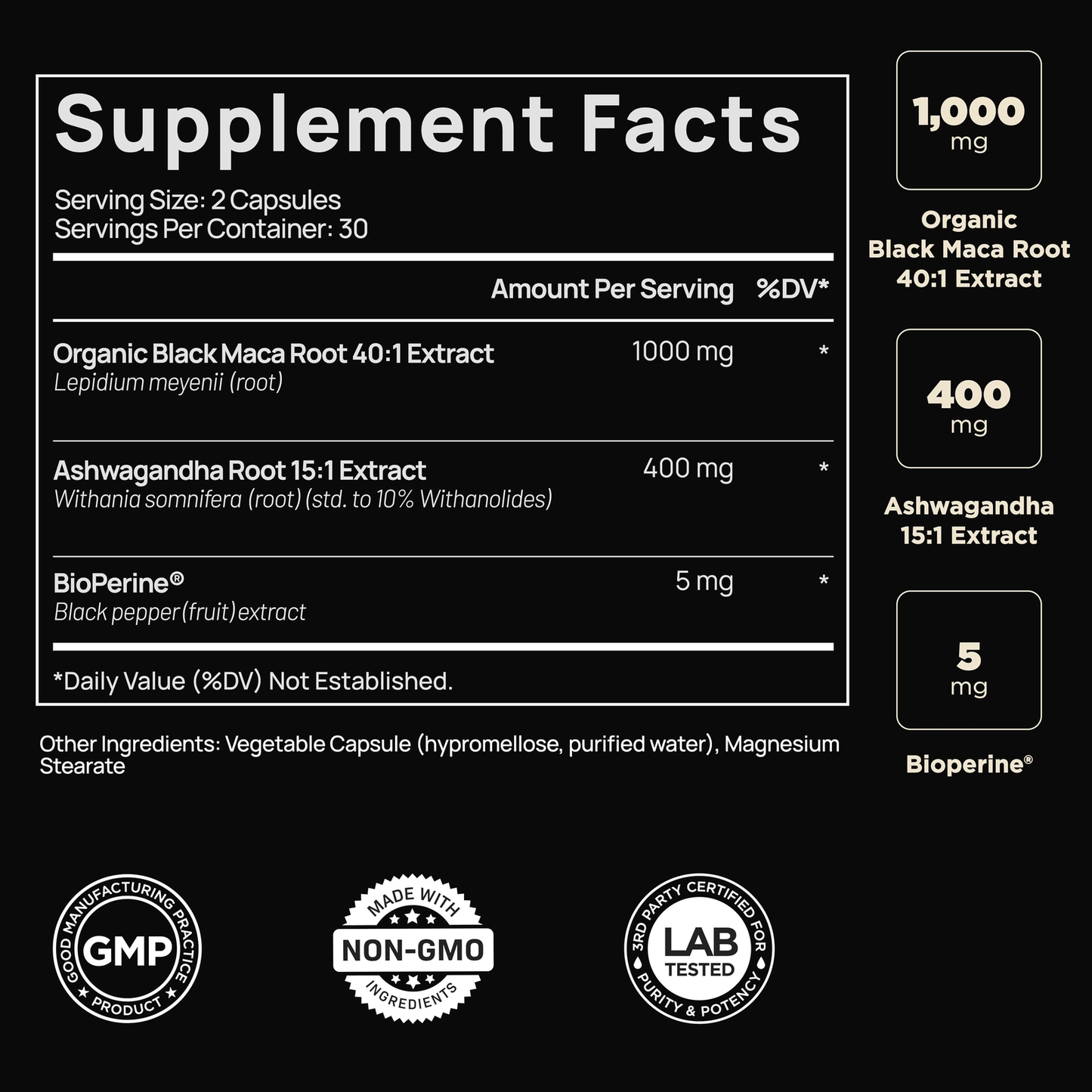 ELMNT Black Maca Root 40000mg Ashwagandha Male Booster 40x Strength Capsules