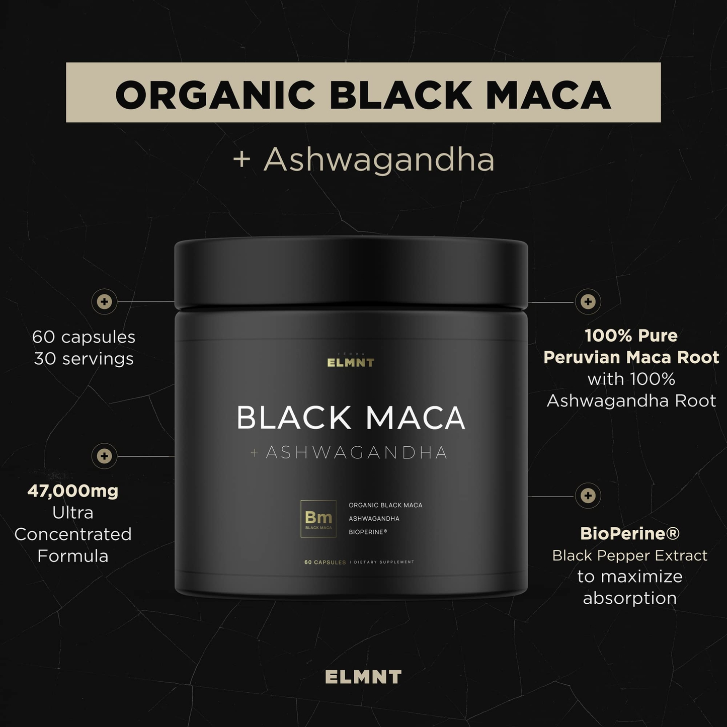 ELMNT Black Maca Root 40000mg Ashwagandha Male Booster 40x Strength Capsules