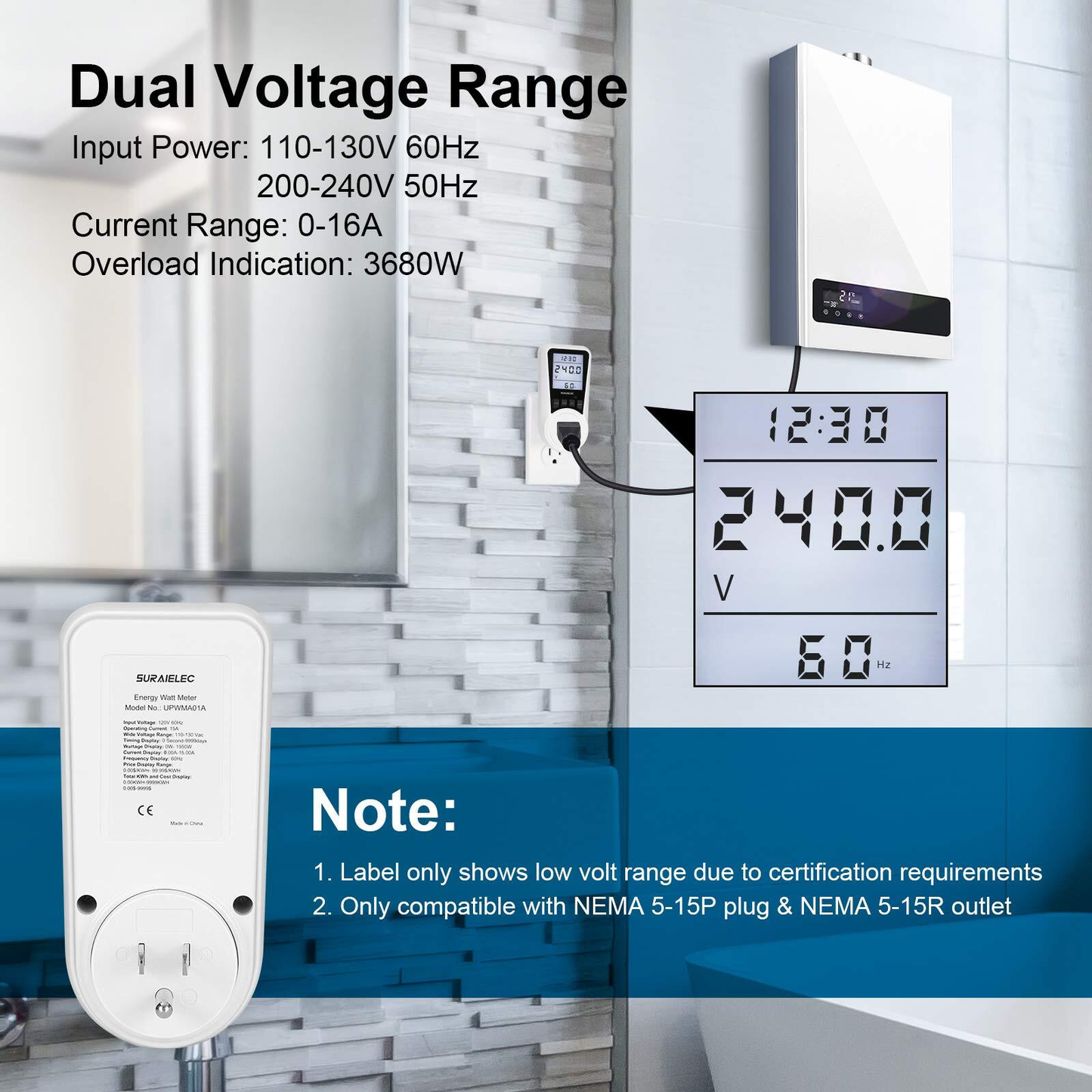 Watt Meter Plug-In Socket Power Meter with Auto Cost Calculator & Backlit LCD Display