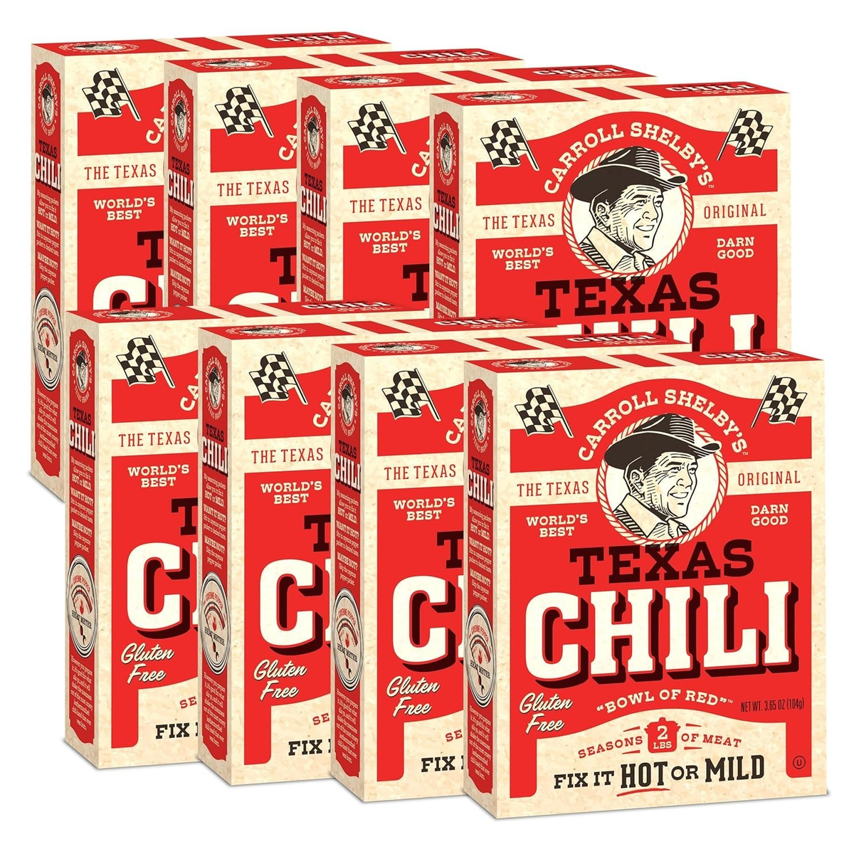 Carroll Shelby's Original Texas Chili Kit 8 Pack 3.65 oz Gluten Free Hot or Mild