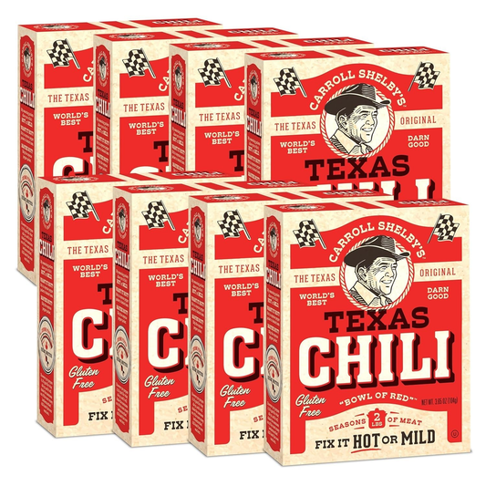 Carroll Shelby's Original Texas Chili Kit 8 Pack 3.65 oz Gluten Free Hot or Mild