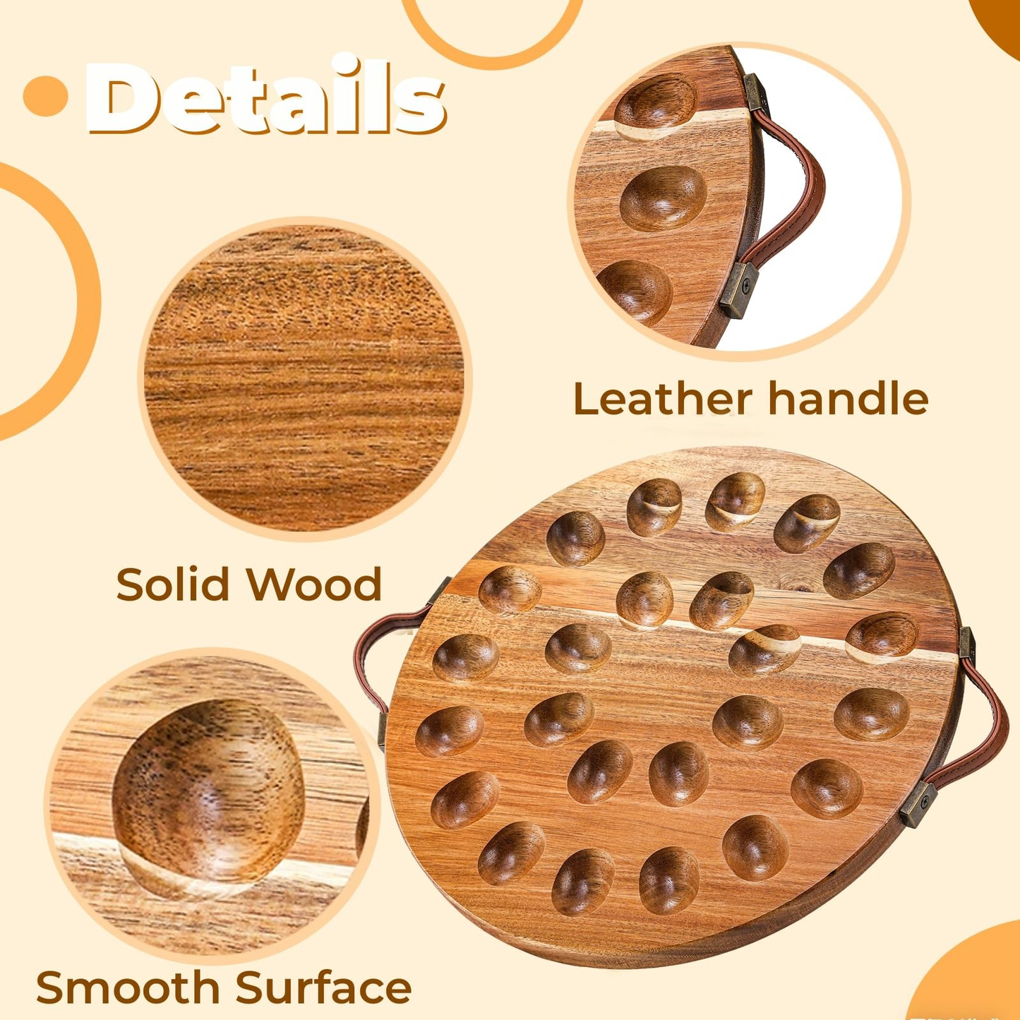 Acacia Wood Deviled Egg Platter with Handles for Easter, 24 Holes round Deviled