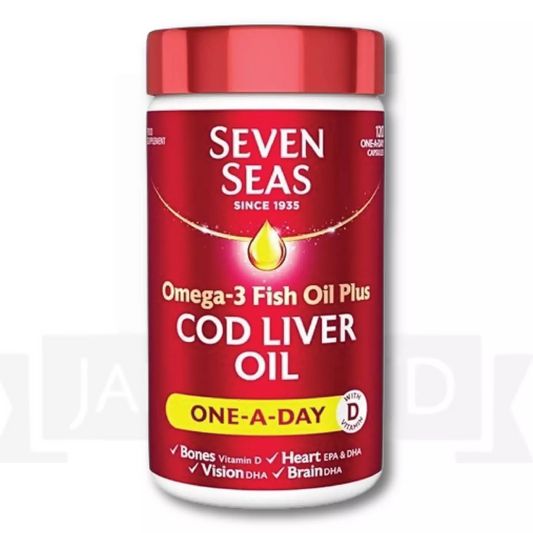 Seven Seas Pure Cod Liver Oil 120 Capsules – Omega-3 with Vitamins A & D – Imported from UK Free shipping