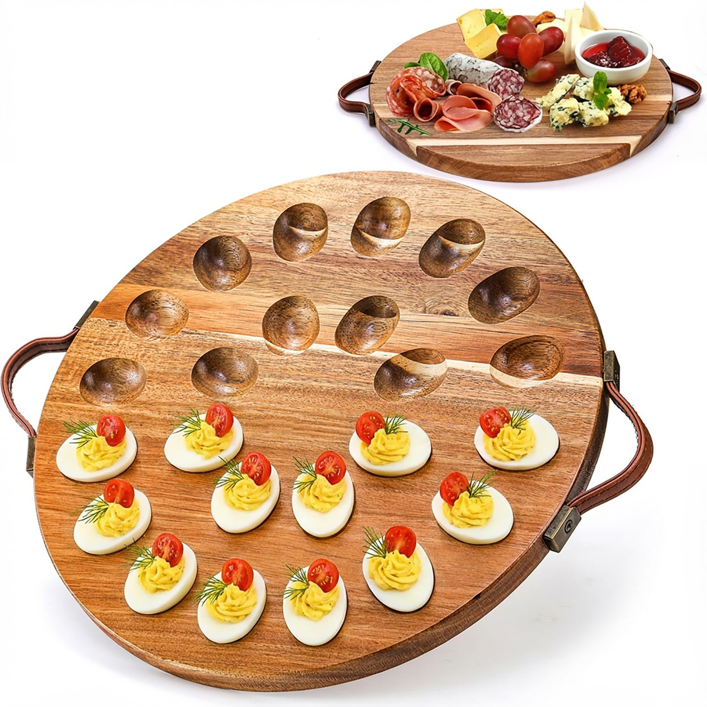 Acacia Wood Deviled Egg Platter with Handles for Easter, 24 Holes round Deviled