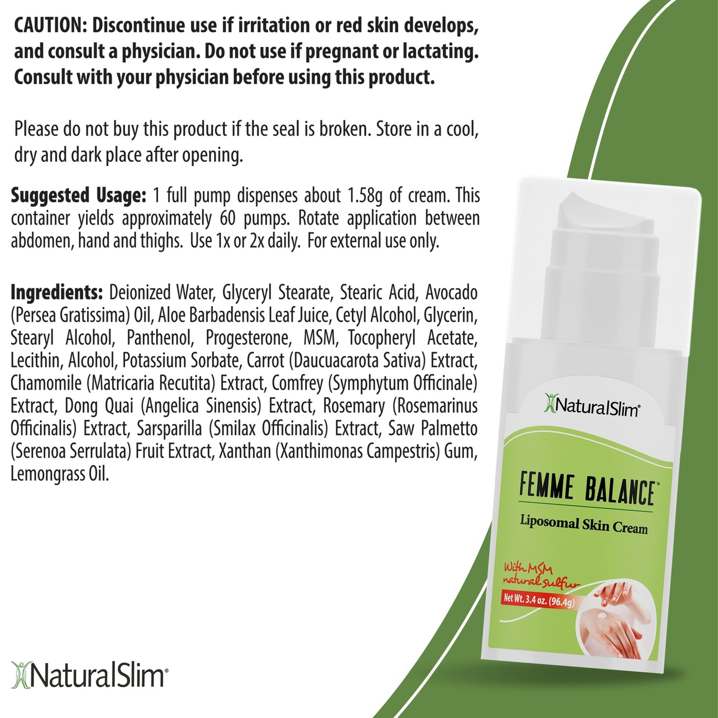 NaturalSlim Femme Balance - Progesterone Cream for Women, Liposomal Skin Cream