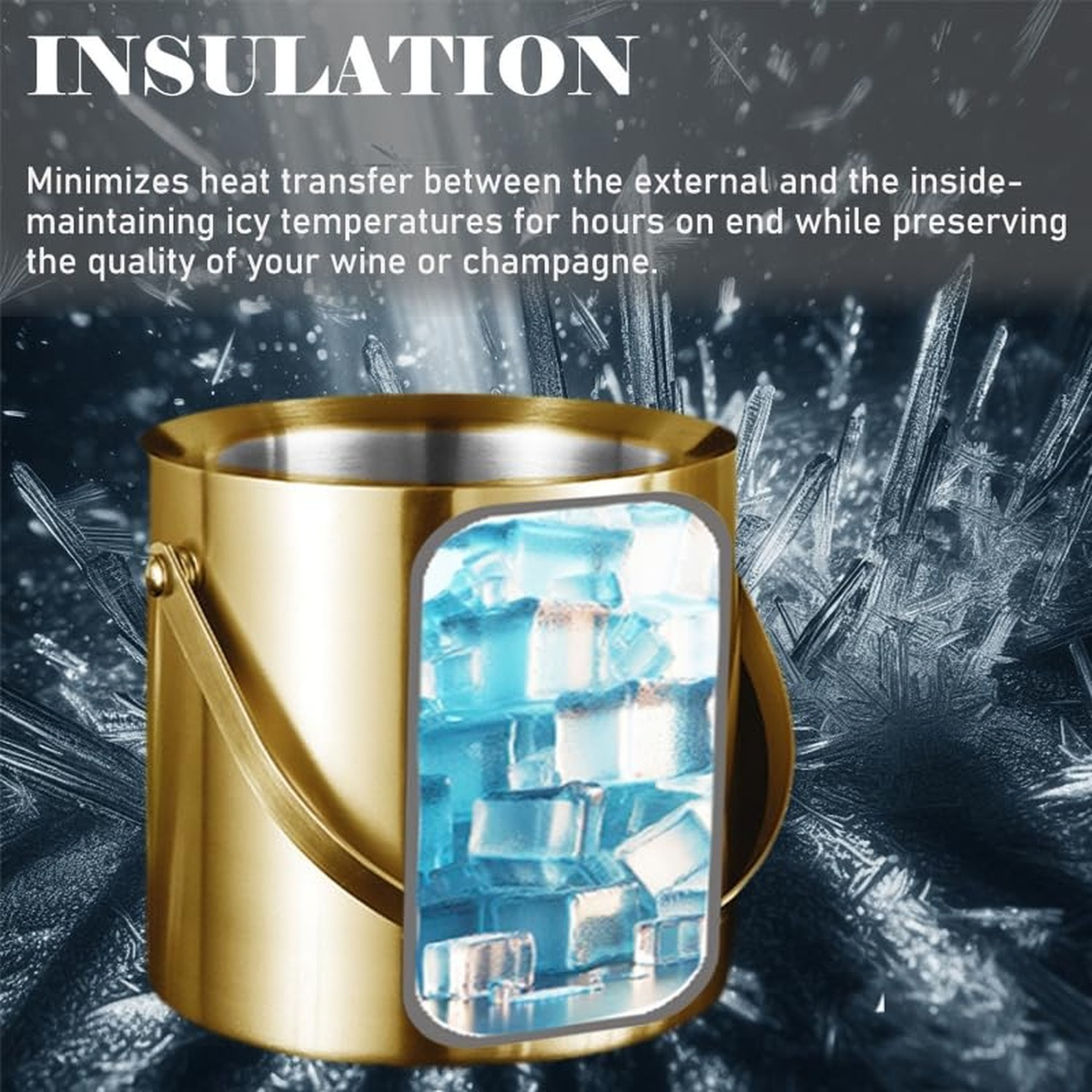 Gold Ice Bucket with Lid, Handle and Tong Insulated Stainless Steel Champagne...