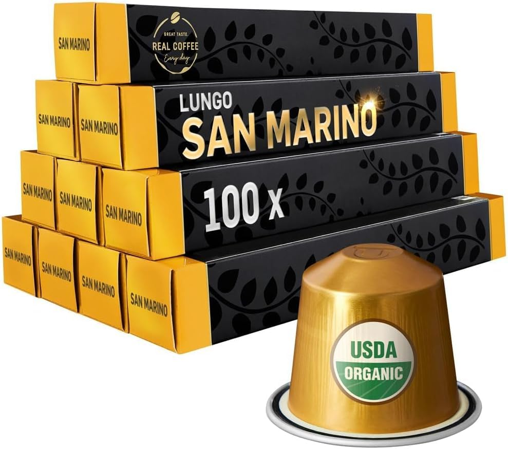 San Marino Organic Italian Lungo Pods for Nespresso - 100 Fairtrade Capsules