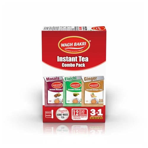 Wagh Bakri Instant Tea Premix Combo 12 Sachets | Cardamom, Ginger & Masala Chai Mix
