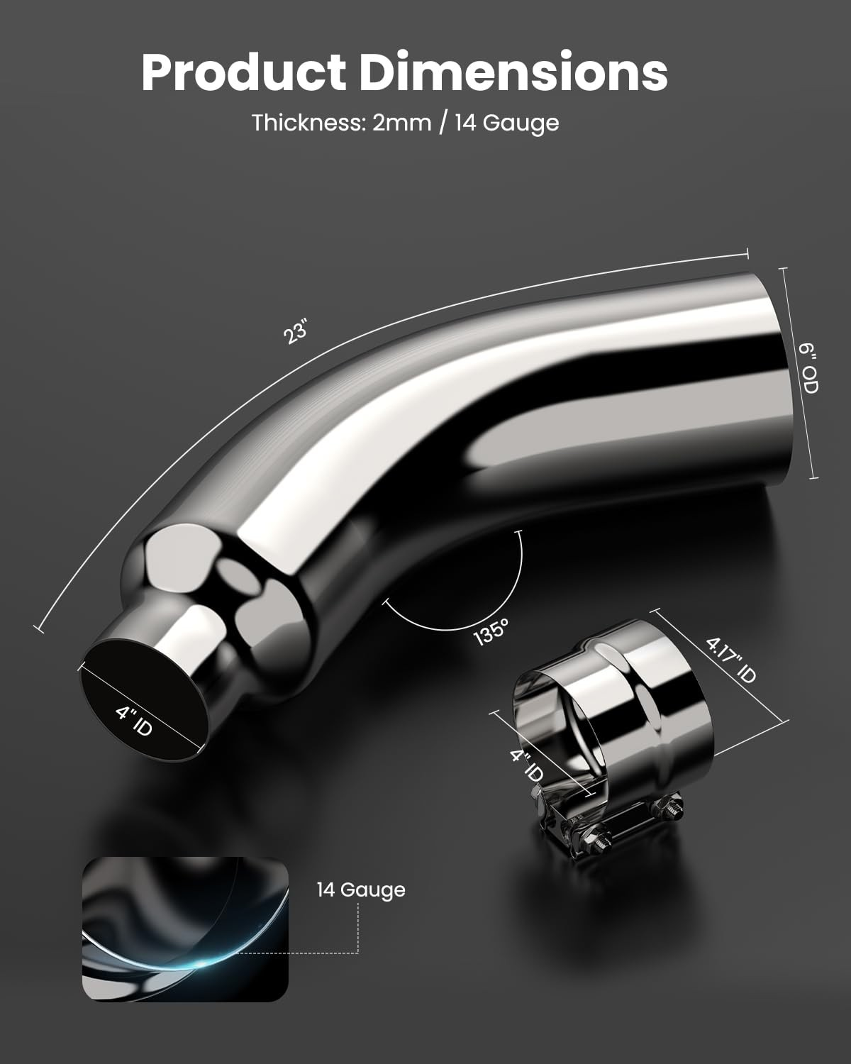 4" Diesel Exhaust Tip Elbow, Chrome 6" Outlet, 23" Long with Clamp