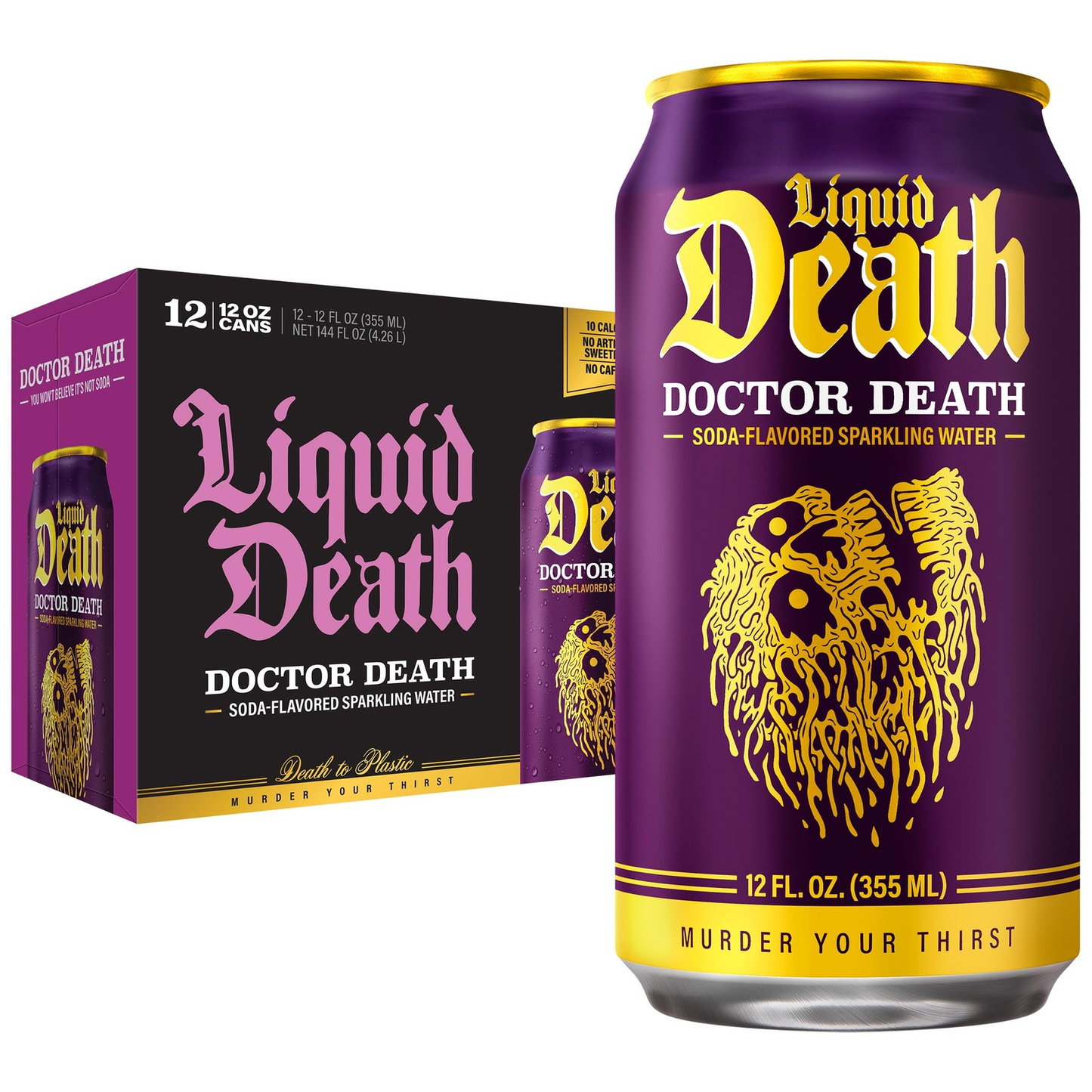 Liquid Death Doctor Death Soda-Flavored Sparkling Water. 12 pack