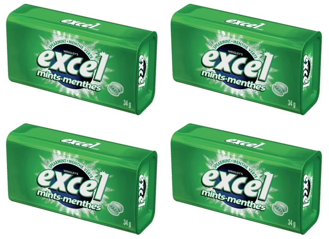 EXCEL, Spearmint Flavored Mints, 1 Tin, 34g (4 Pack)