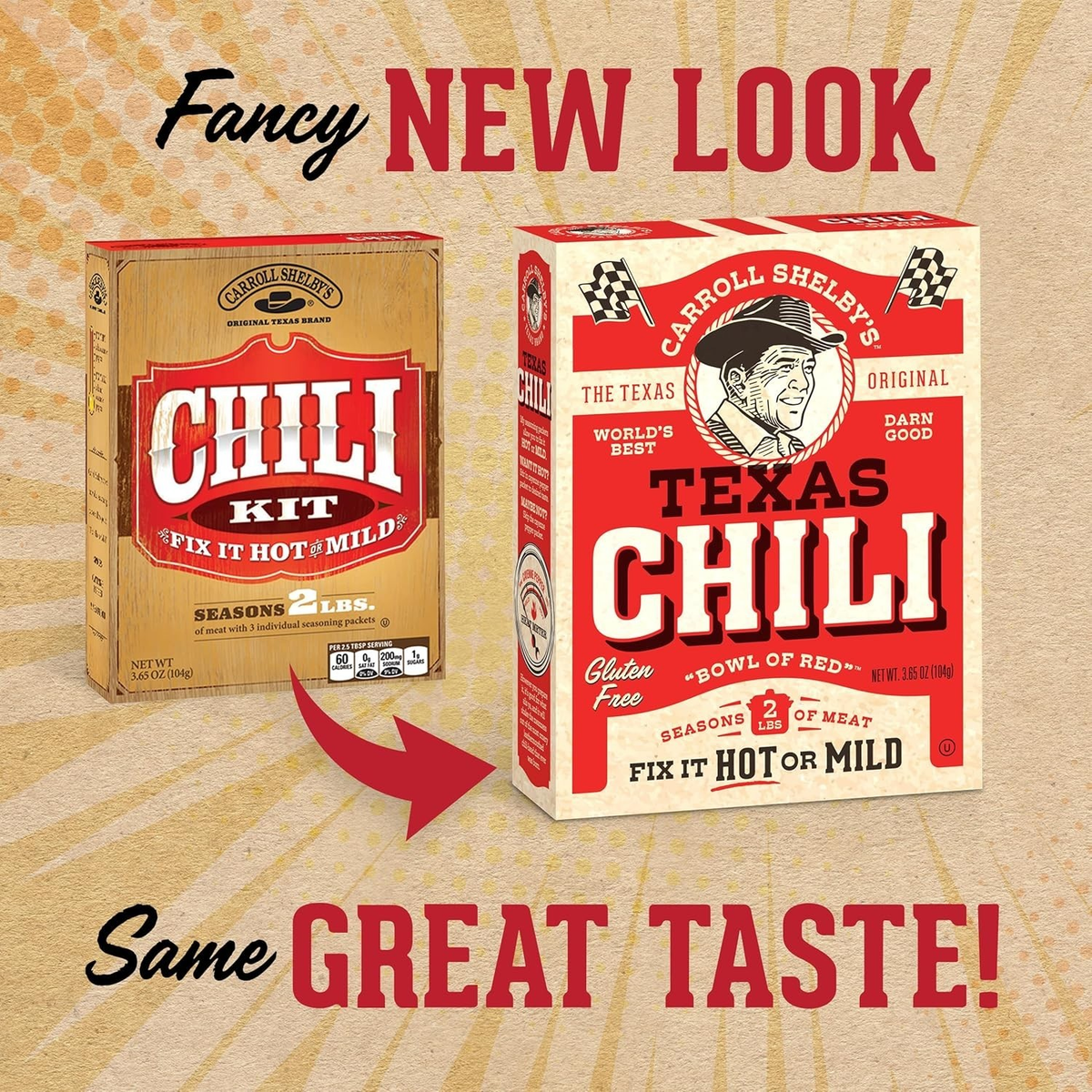 Carroll Shelby's Original Texas Chili Kit 8 Pack 3.65 oz Gluten Free Hot or Mild