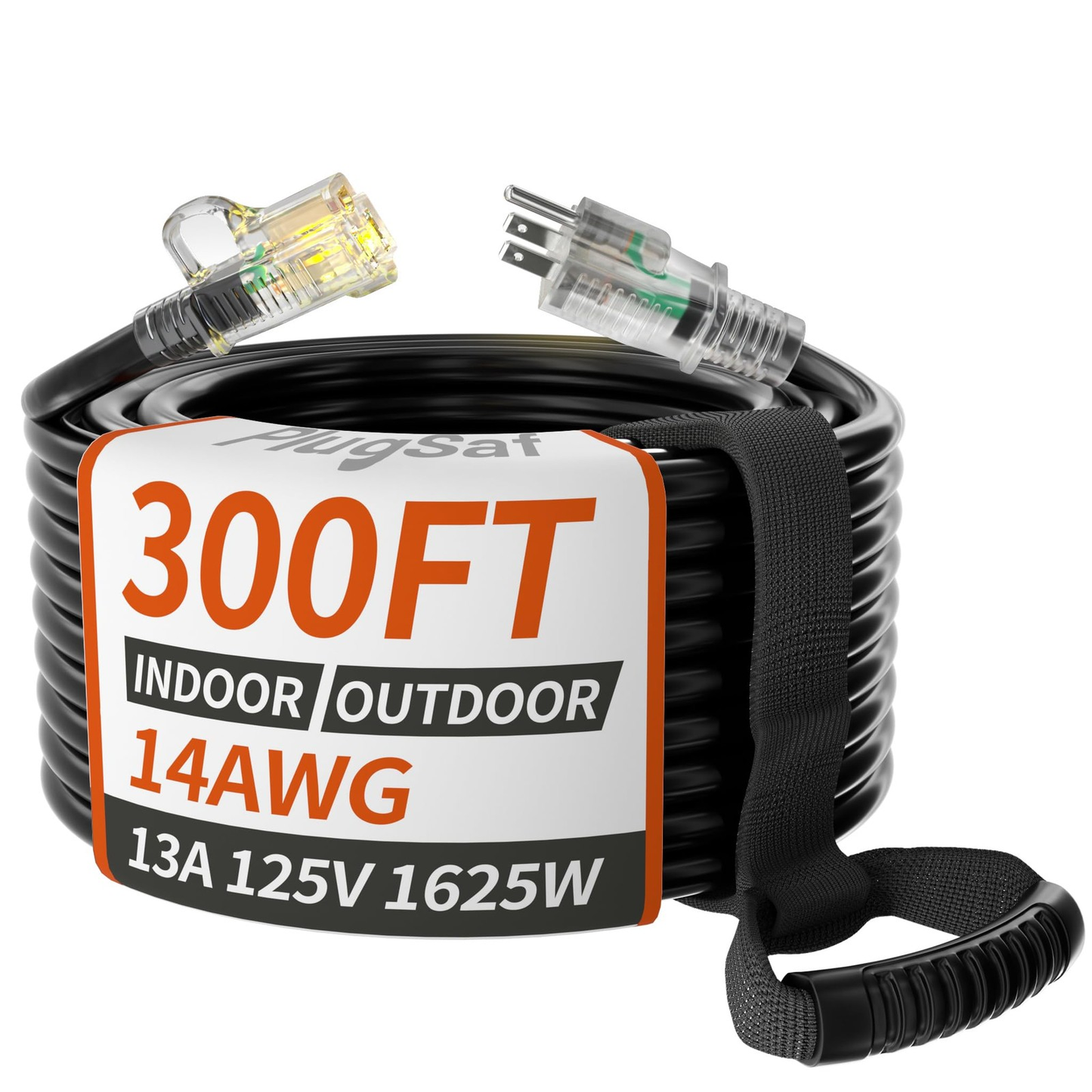 PlugSaf 14/3 Gauge Black Outdoor Extension Cord 300 ft Waterproof with Lighted
